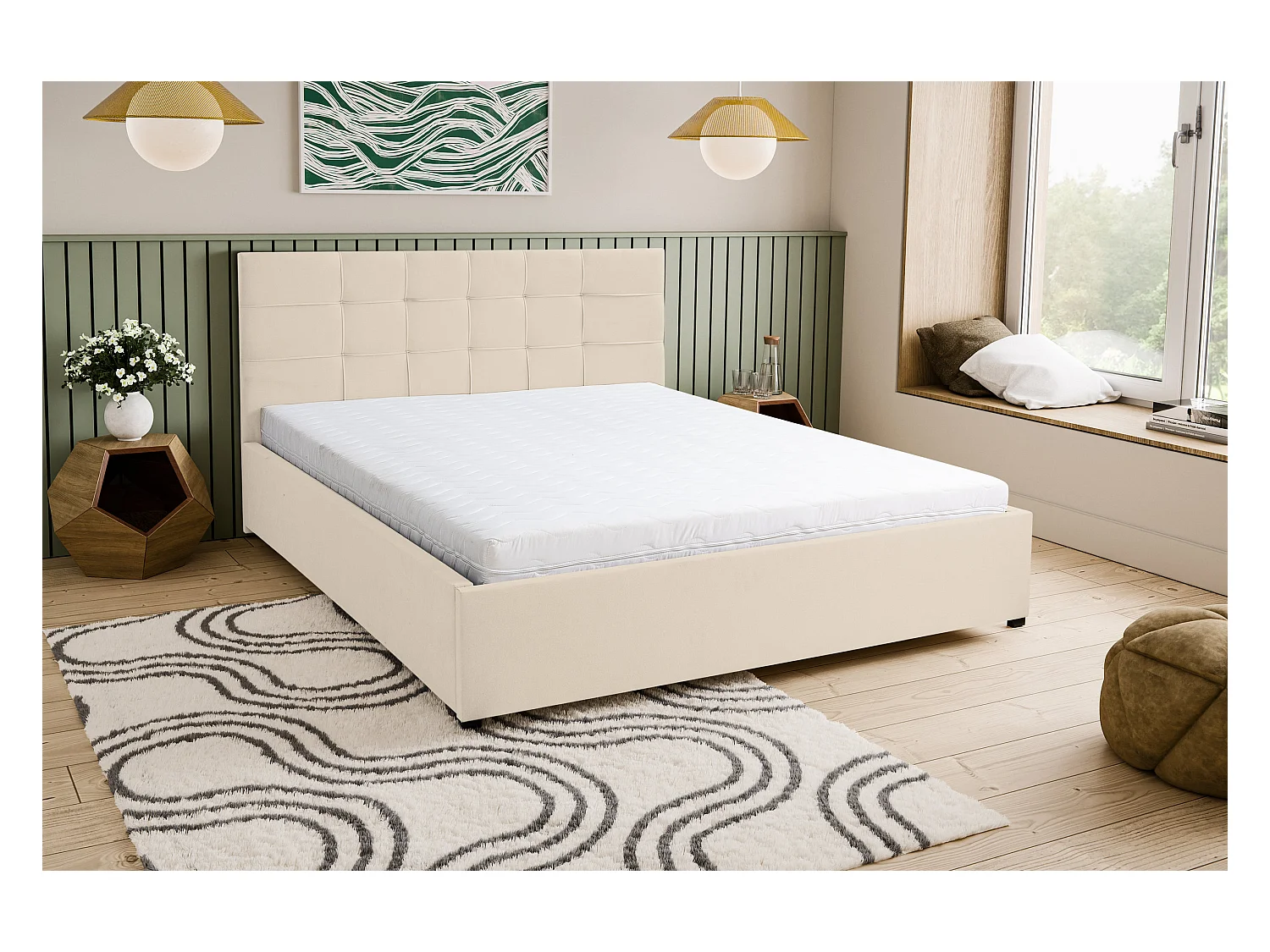 Lit rembourré JESSA avec tête de lit, 140 x 200 cm, lit double avec coffre de rangement et sommier à lattes en velours, velours, couleur : beige