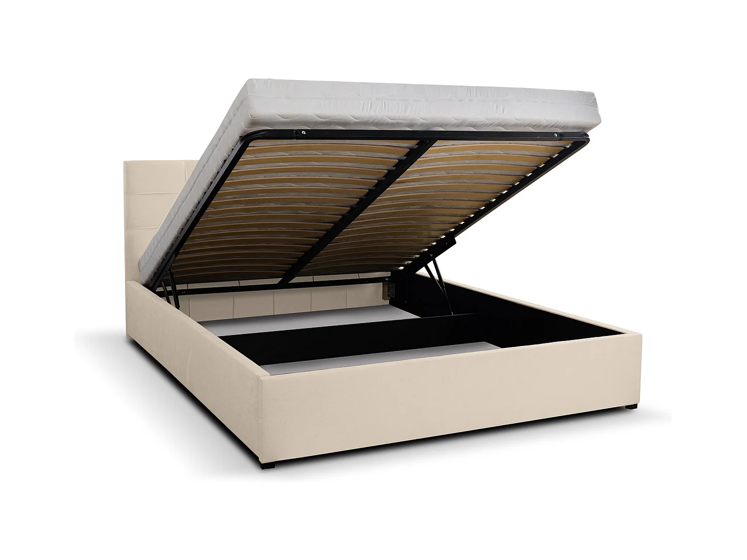 Lit rembourré JESSA avec tête de lit, 140 x 200 cm, lit double avec coffre de rangement et sommier à lattes en velours, velours, couleur : beige