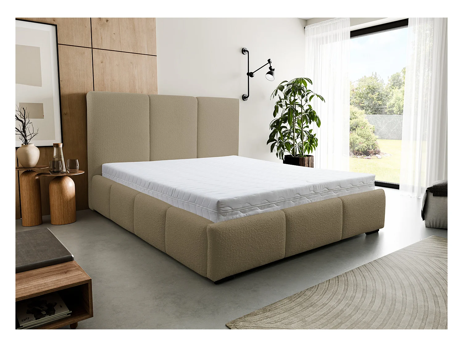 Lit rembourré Basti avec tête de lit, 180 x 200 cm, lit double avec coffre de rangement et sommier à lattes en métal, tissu bouclé, couleur : marron