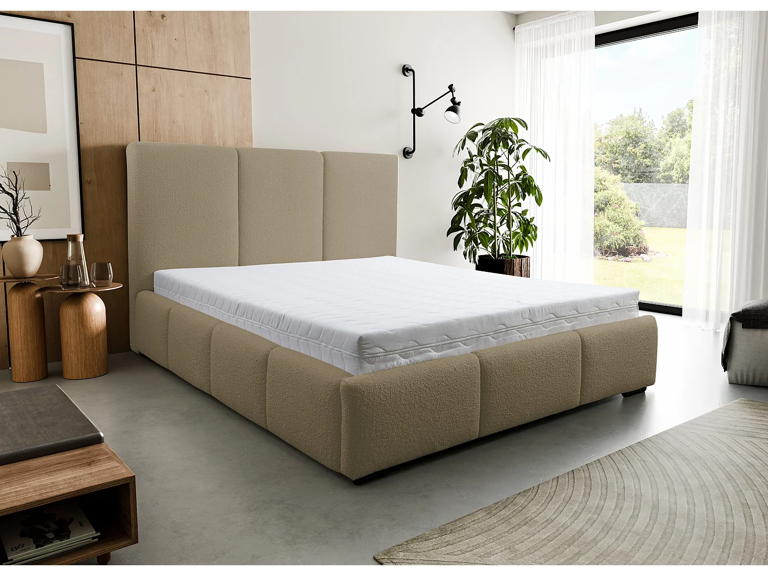 Lit rembourré Basti avec tête de lit, 180 x 200 cm, lit double avec coffre de rangement et sommier à lattes en métal, tissu bouclé, couleur : marron