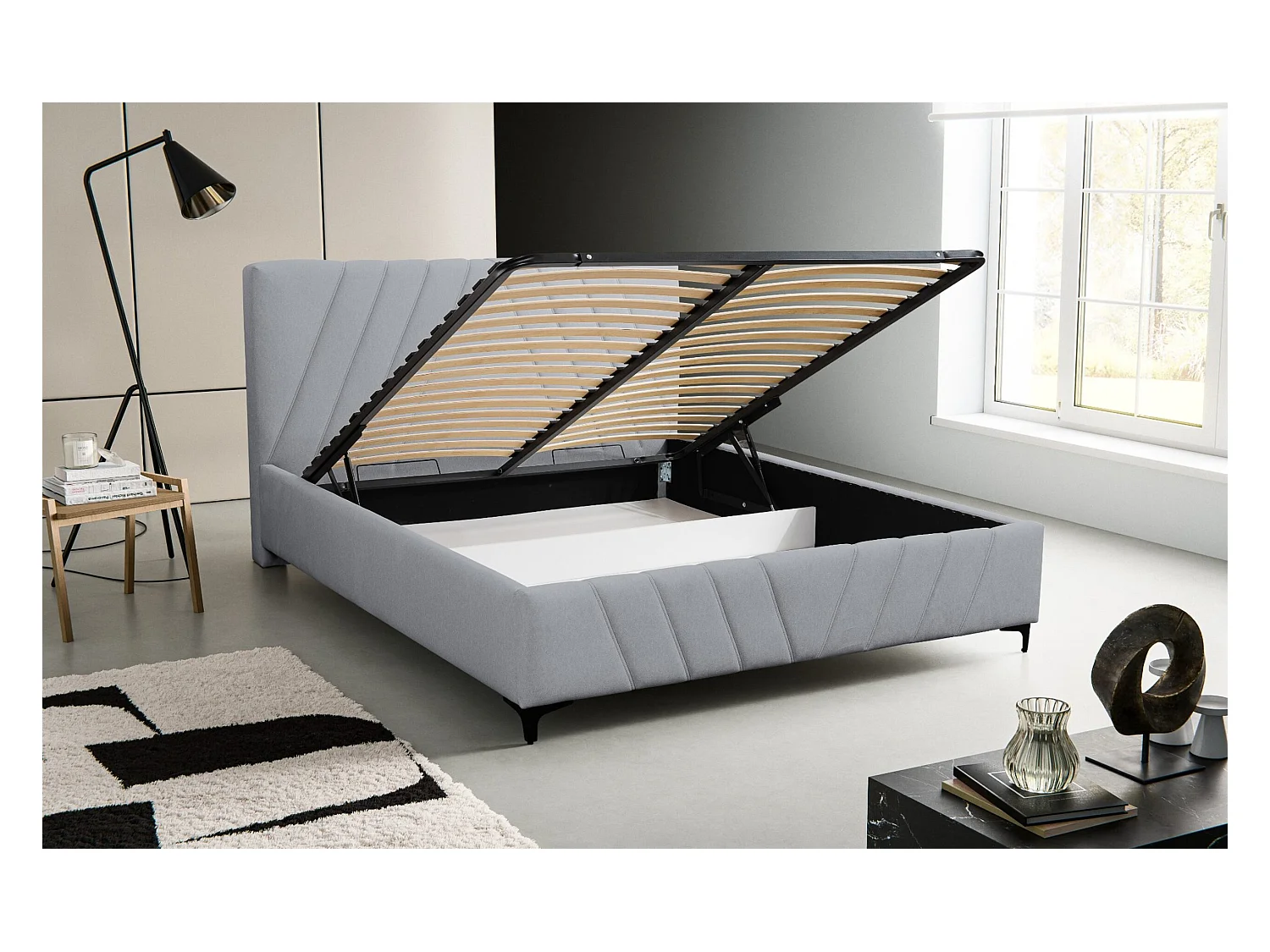 Lit rembourré Capri avec tête de lit, 180 x 200 cm, lit double avec coffre de rangement et sommier à lattes en métal, tissu velours, couleur : gris