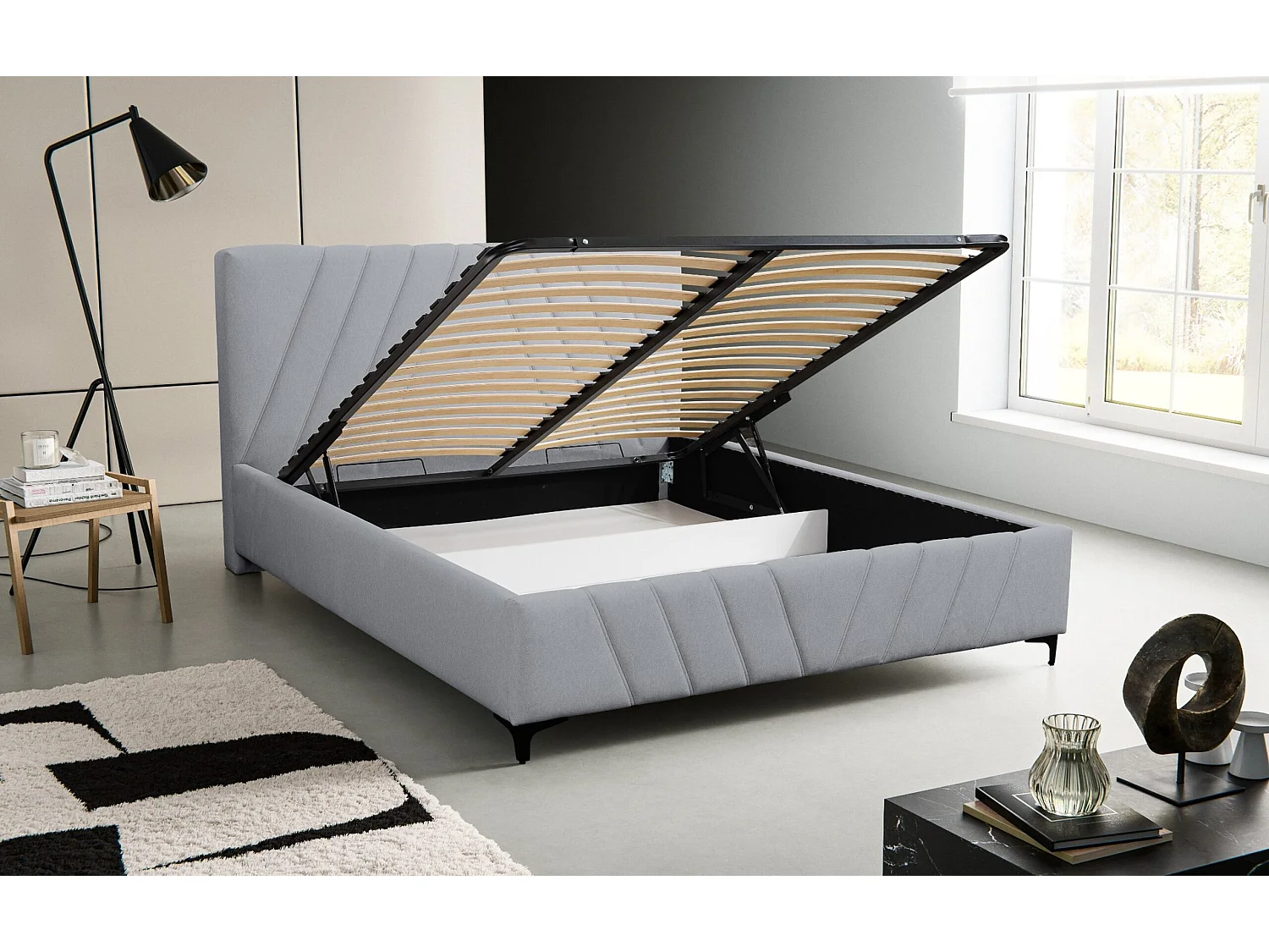 Lit rembourré Capri avec tête de lit, 180 x 200 cm, lit double avec coffre de rangement et sommier à lattes en métal, tissu velours, couleur : gris