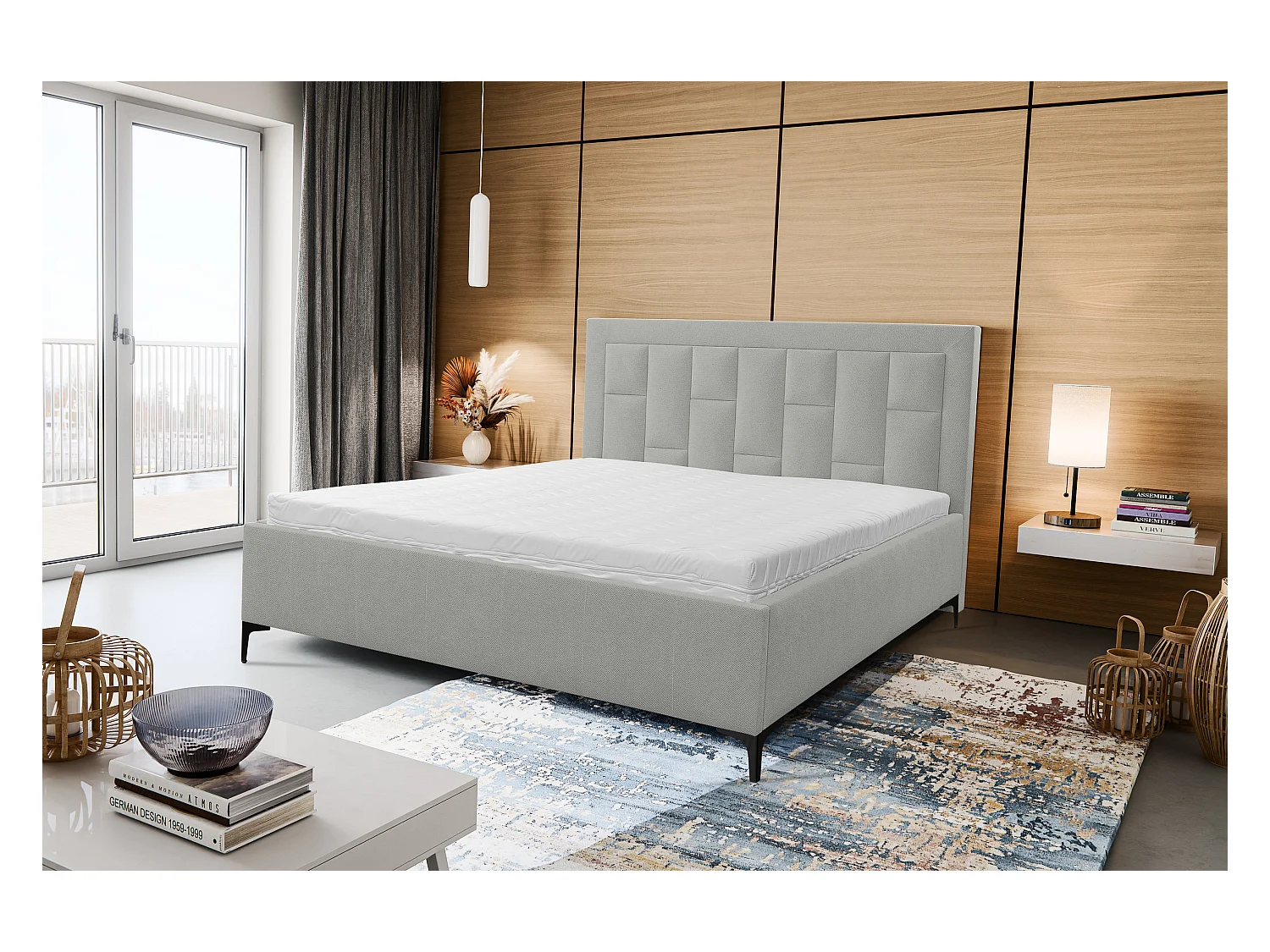 Lit rembourré VENEZIA avec tête de lit, 180 x 200 cm, lit double avec coffre de rangement et sommier à lattes en tissu structuré, tissu velours, couleur : gris