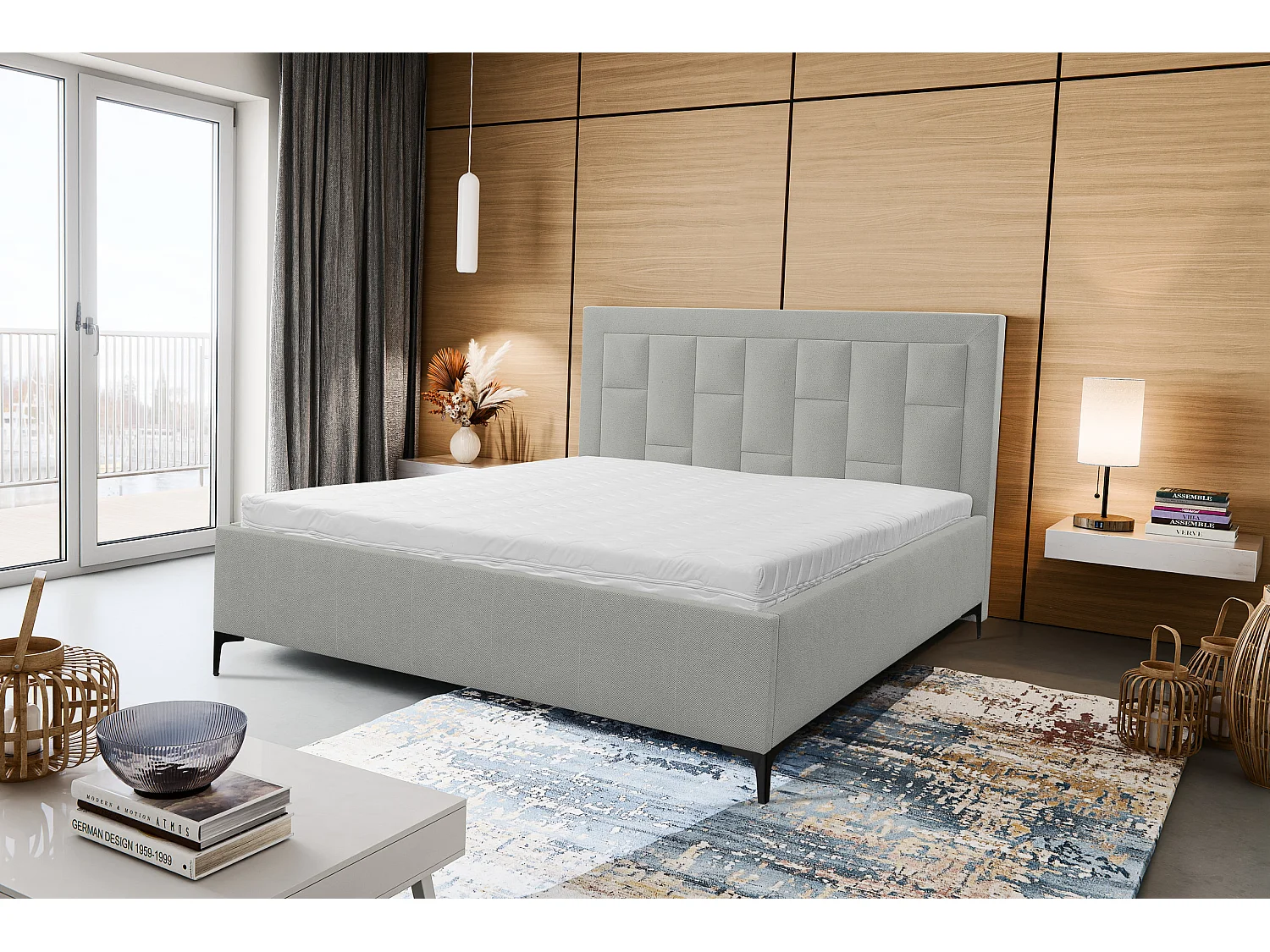 Polsterbett VENEZIA mit Kopfteil, 180 x200 cm, Doppelbett mit Bettkasten und Lattenrost aus Strukturstoff, Velourstoff, Frabe: Grau