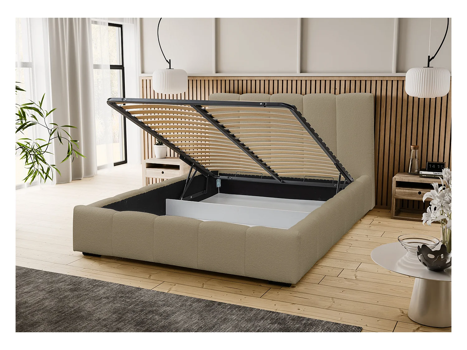 Lit rembourré Marco avec tête de lit, 140 x 200 cm, lit double avec coffre de rangement et sommier à lattes en métal, tissu bouclé, couleur : marron