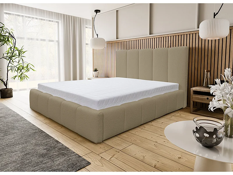 Lit rembourré Marco avec tête de lit, 140 x 200 cm, lit double avec coffre de rangement et sommier à lattes en métal, tissu bouclé, couleur : marron