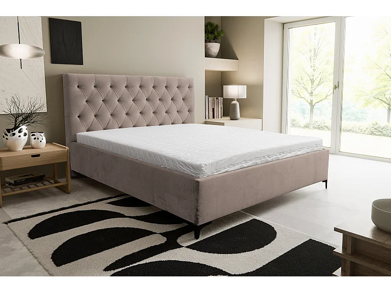 Chesterfield-bed met hoofdeinde, 160 x 200 cm, tweepersoonsbed met bedbak en lattenbodem van metaal, veloursstof, kleur: bruin