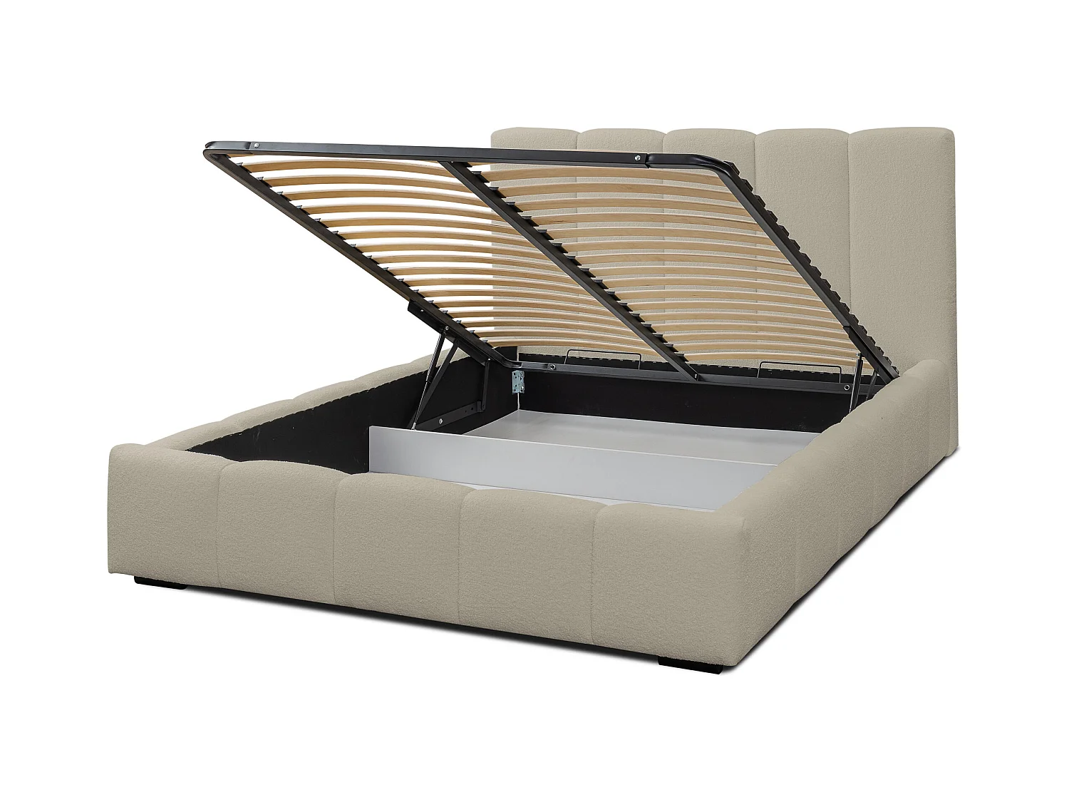 Lit rembourré Marco avec tête de lit, 160 x 200 cm, lit double avec coffre de rangement et sommier à lattes en métal, tissu bouclé, couleur : marron clair