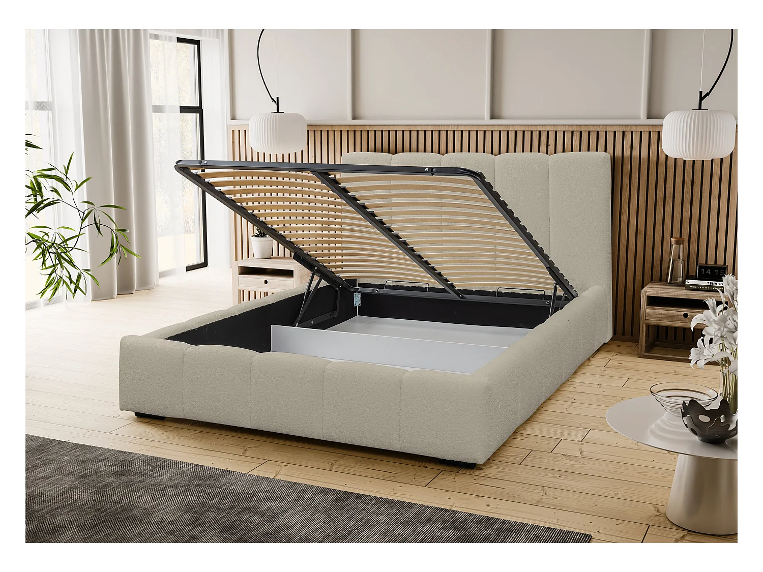 Lit rembourré Marco avec tête de lit, 160 x 200 cm, lit double avec coffre de rangement et sommier à lattes en métal, tissu bouclé, couleur : marron clair