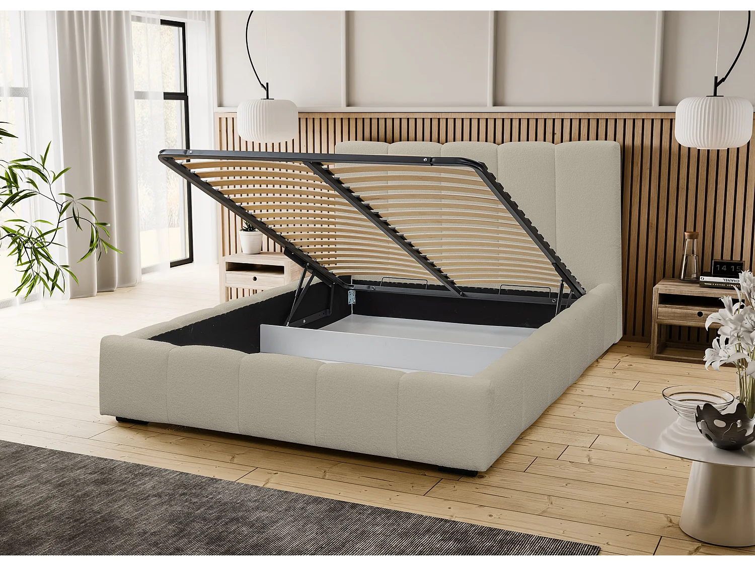 Lit rembourré Marco avec tête de lit, 160 x 200 cm, lit double avec coffre de rangement et sommier à lattes en métal, tissu bouclé, couleur : marron clair