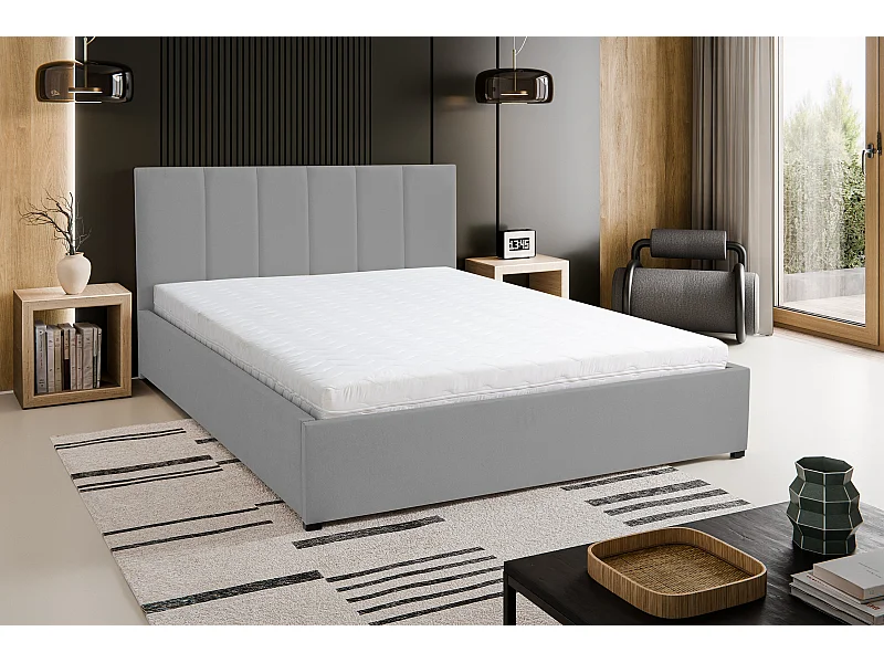 Polsterbett LISA mit Kopfteil, 140 x200 cm, Doppelbett mit Bettkasten und Lattenrost aus Velourstoff, Velourstoff, Frabe: Grau