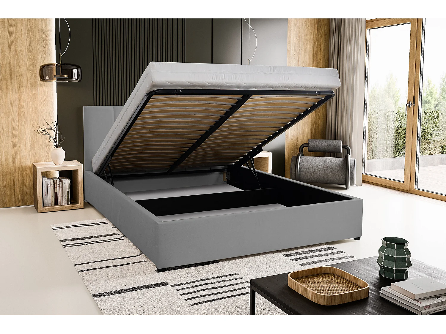 Polsterbett LISA mit Kopfteil, 140 x200 cm, Doppelbett mit Bettkasten und Lattenrost aus Velourstoff, Velourstoff, Frabe: Grau