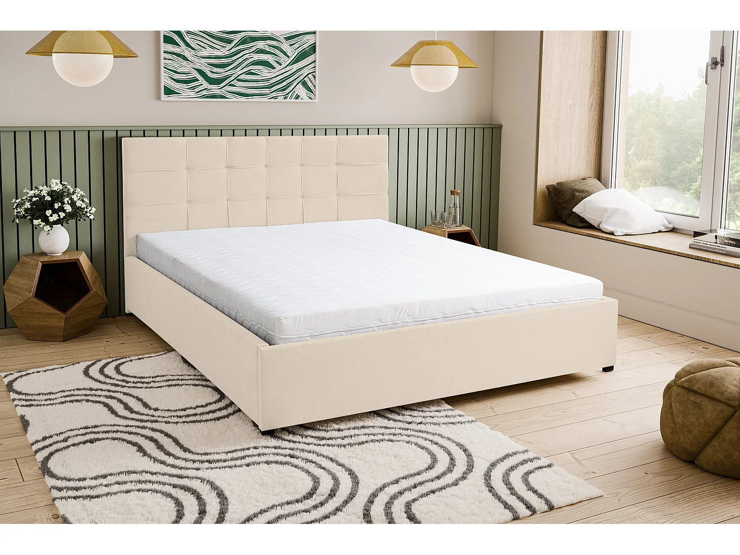 Polsterbett JESSA mit Kopfteil, 160 x200 cm, Doppelbett mit Bettkasten und Lattenrost aus Velourstoff, Velourstoff, Frabe: Beige