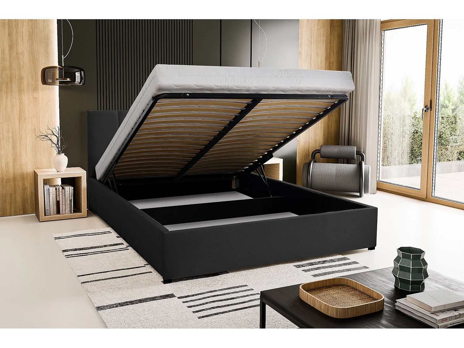 Lit rembourré LISA avec tête de lit, 140 x 200 cm, lit double avec coffre de rangement et sommier à lattes en velours, velours, couleur : noir