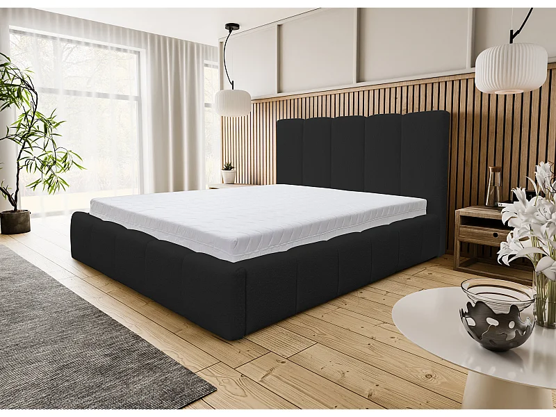 Polsterbett Marco mit Kopfteil, 160 x 200 cm, Doppelbett mit Bettkasten und Lattenrost aus Metall, Bouclé-Stoff, Frabe: Schwarz