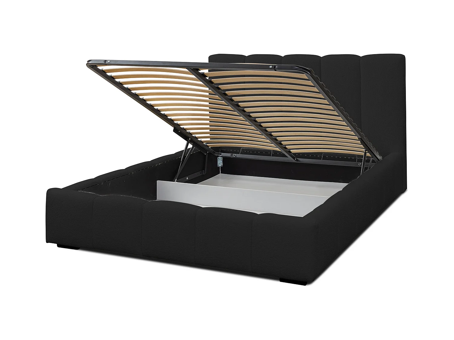 Lit rembourré Marco avec tête de lit, 160 x 200 cm, lit double avec coffre de rangement et sommier à lattes en métal, tissu bouclé, couleur : noir