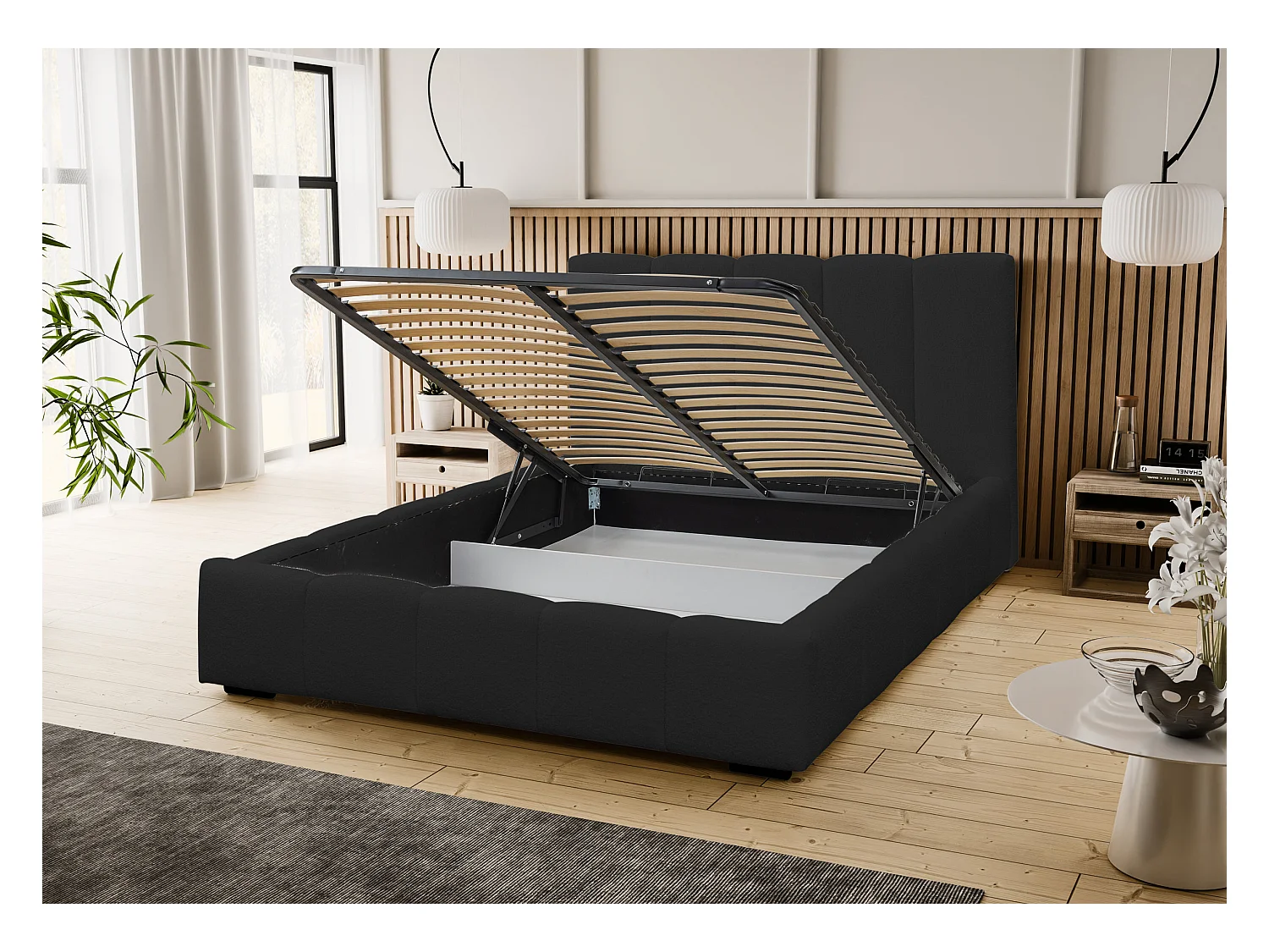 Lit rembourré Marco avec tête de lit, 160 x 200 cm, lit double avec coffre de rangement et sommier à lattes en métal, tissu bouclé, couleur : noir