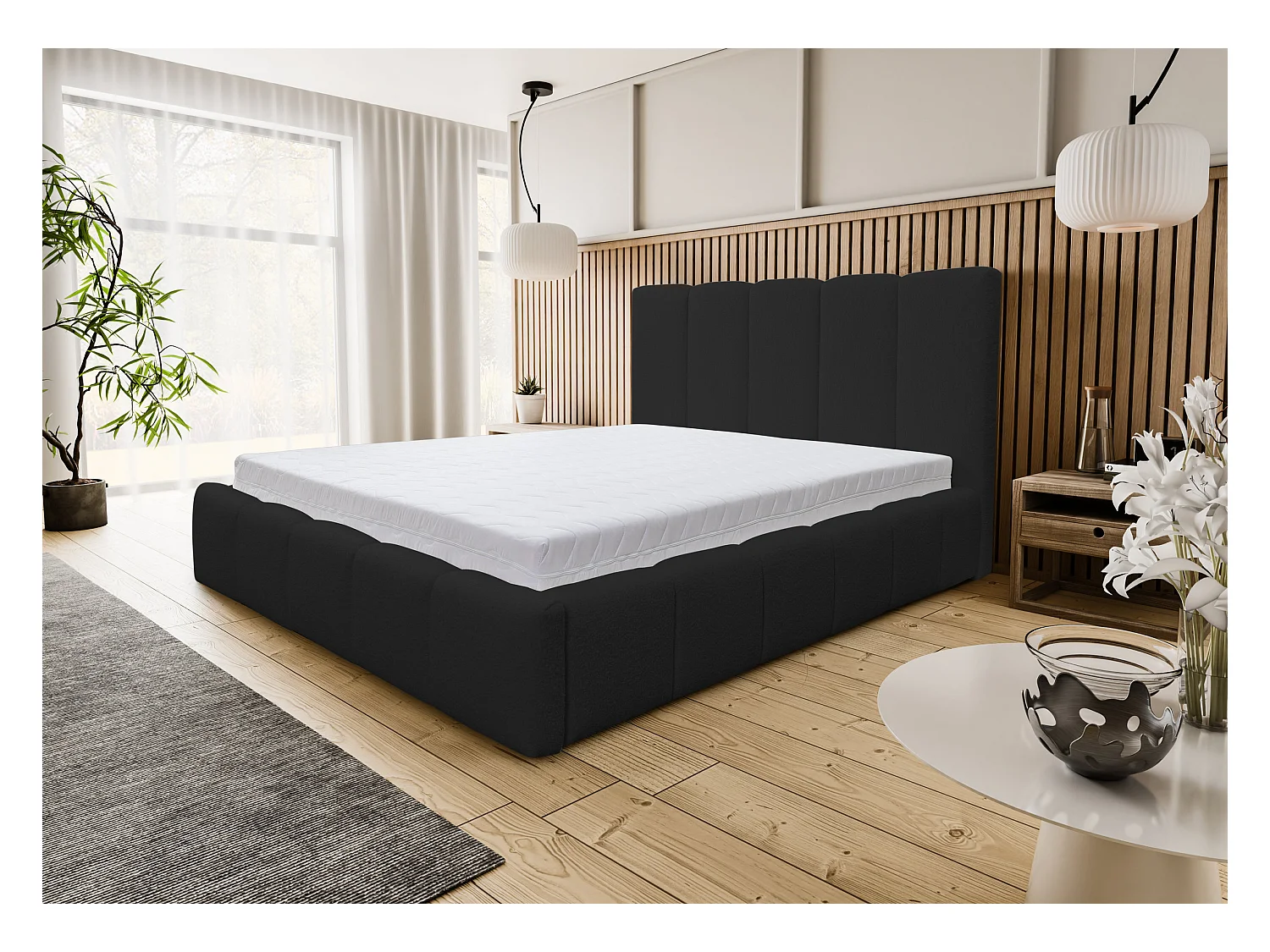 Lit rembourré Marco avec tête de lit, 160 x 200 cm, lit double avec coffre de rangement et sommier à lattes en métal, tissu bouclé, couleur : noir