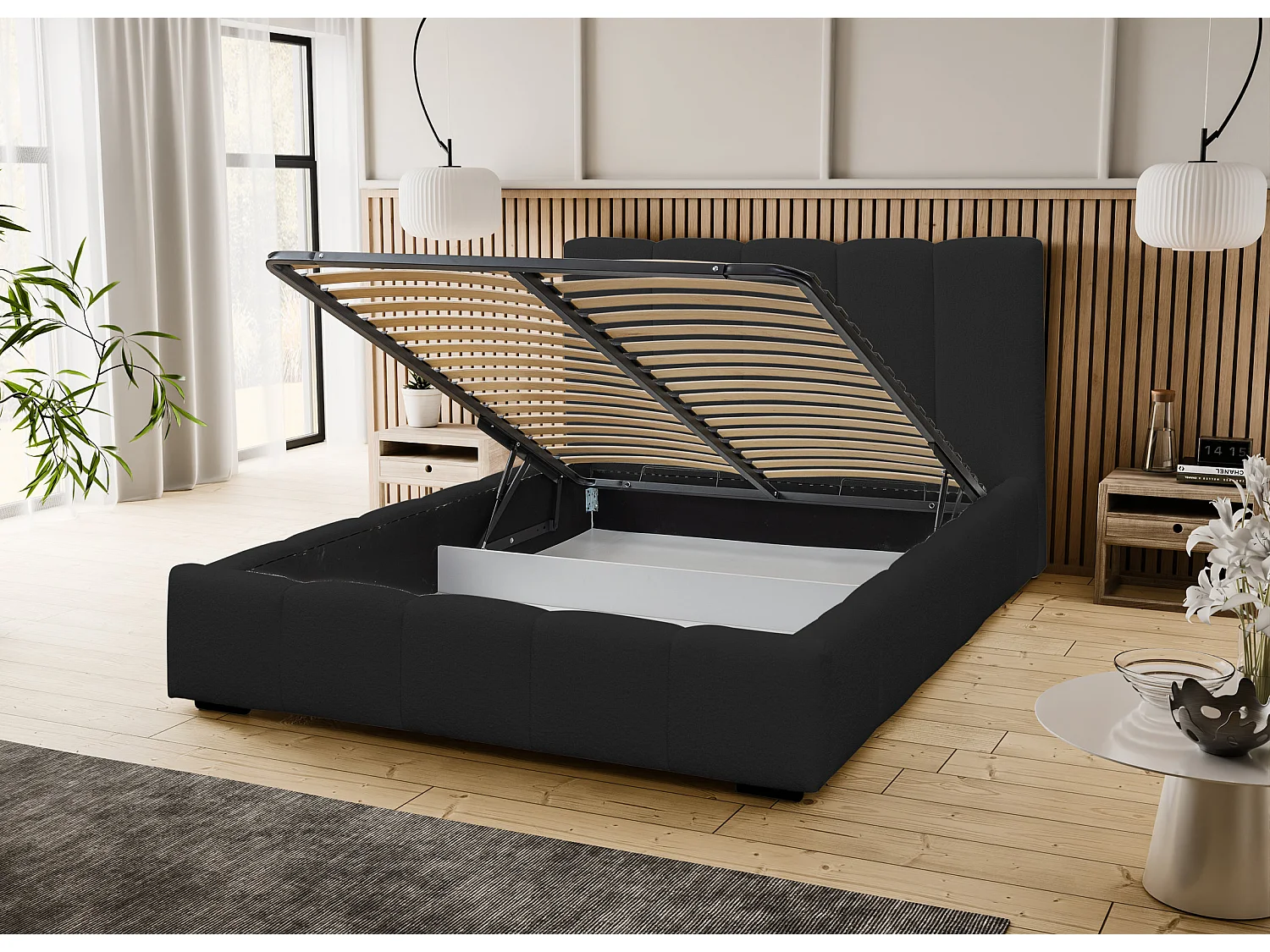Lit rembourré Marco avec tête de lit, 160 x 200 cm, lit double avec coffre de rangement et sommier à lattes en métal, tissu bouclé, couleur : noir