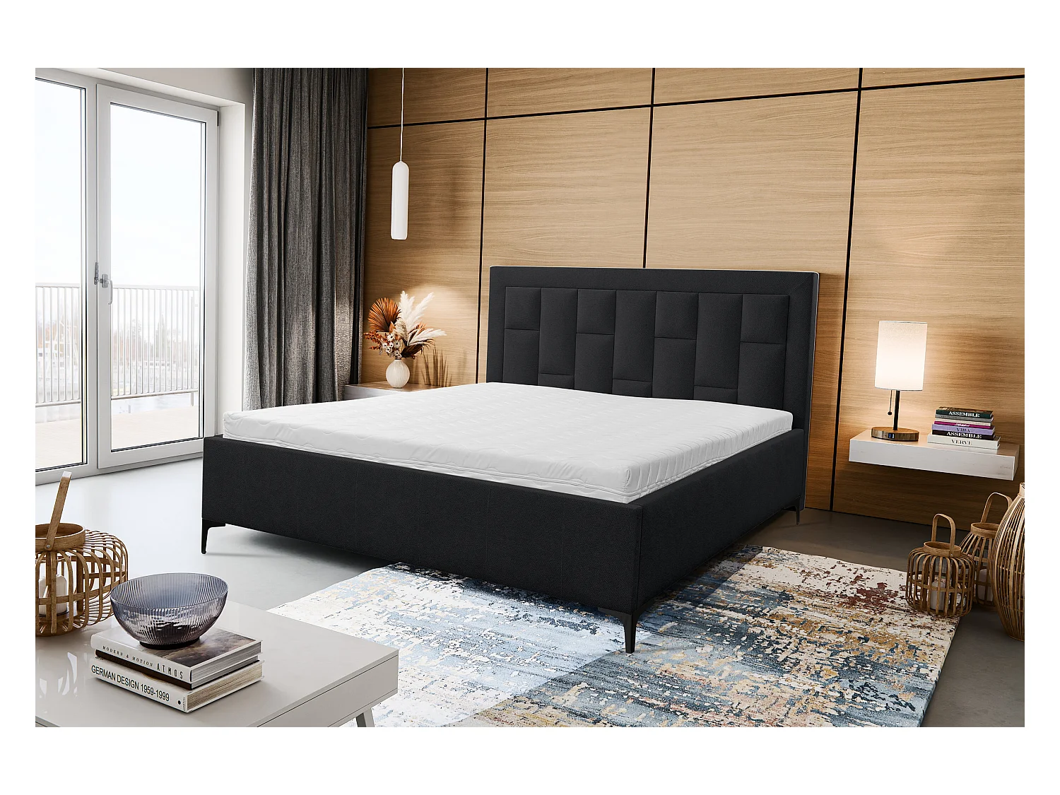 Lit rembourré VENEZIA avec tête de lit, 180 x 200 cm, lit double avec coffre de rangement et sommier à lattes en tissu structuré, tissu velours, couleur : noir