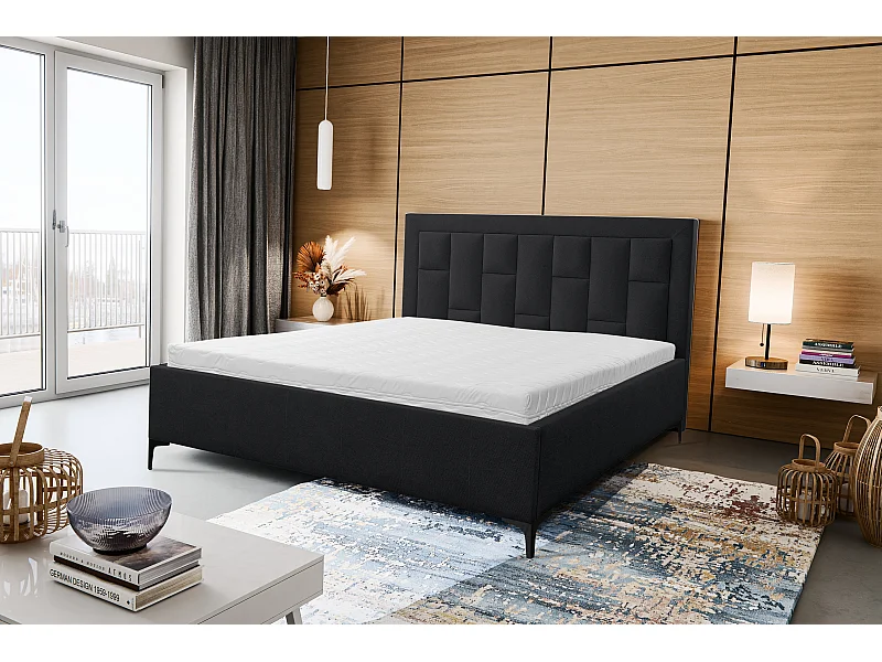 Lit rembourré VENEZIA avec tête de lit, 180 x 200 cm, lit double avec coffre de rangement et sommier à lattes en tissu structuré, tissu velours, couleur : noir