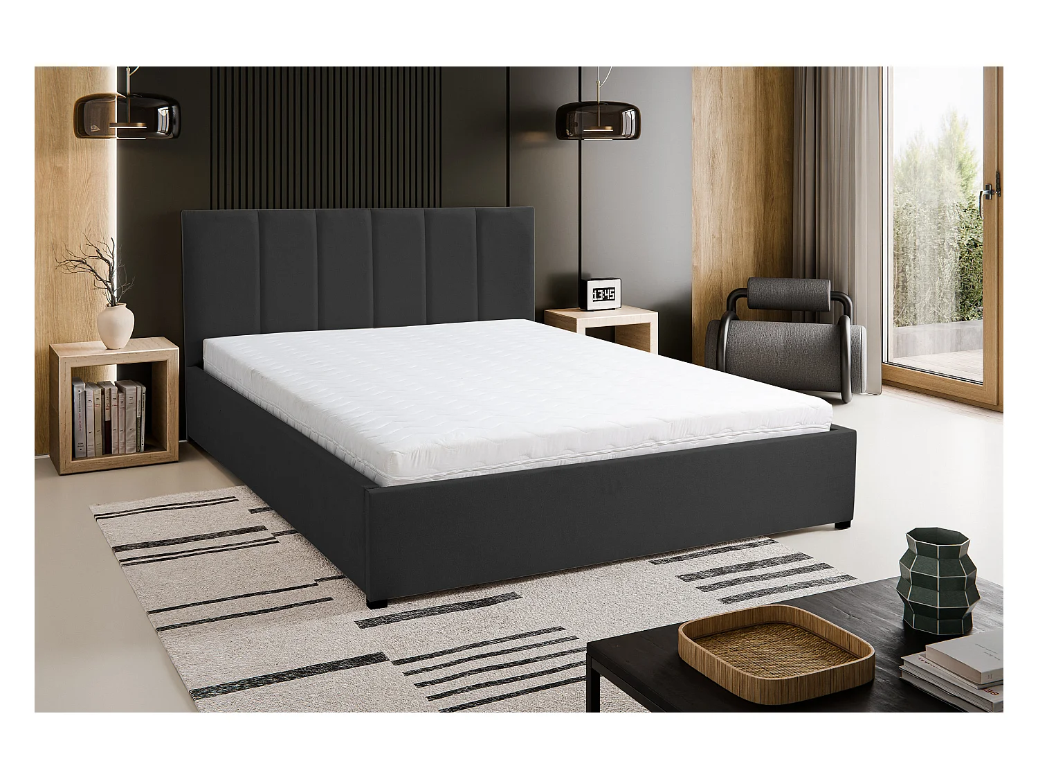 Lit rembourré LISA avec tête de lit, 160 x 200 cm, lit double avec coffre de rangement et sommier à lattes en velours, velours, couleur : noir