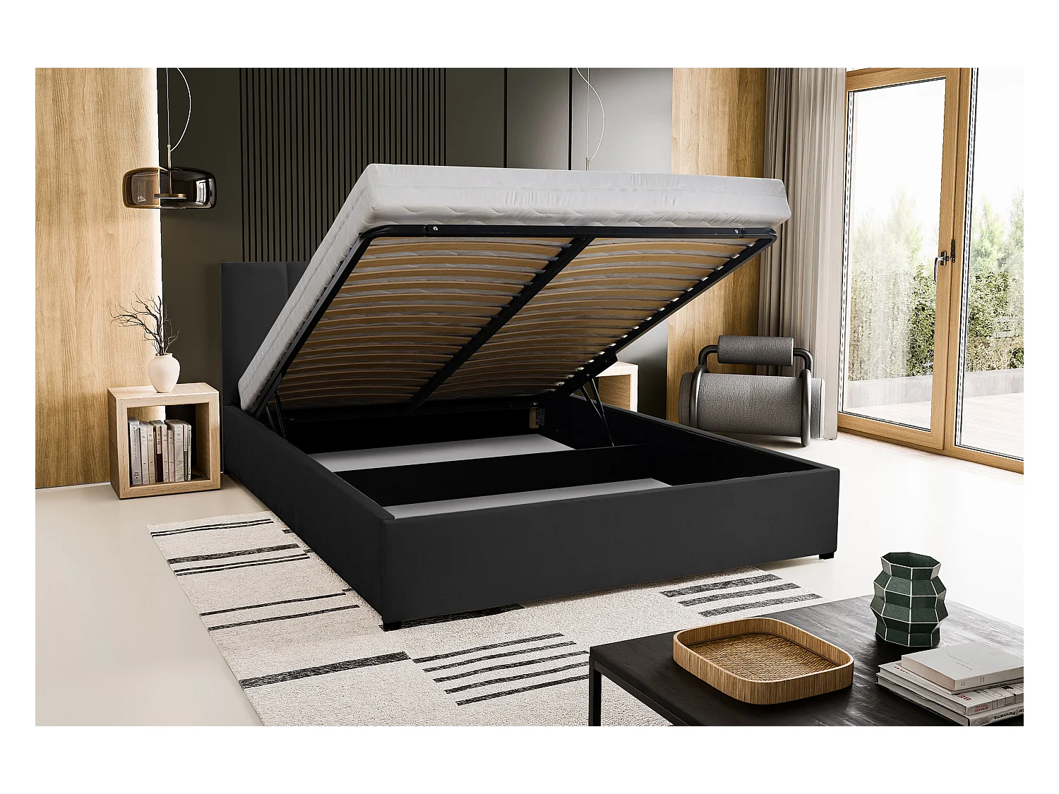 Lit rembourré LISA avec tête de lit, 160 x 200 cm, lit double avec coffre de rangement et sommier à lattes en velours, velours, couleur : noir