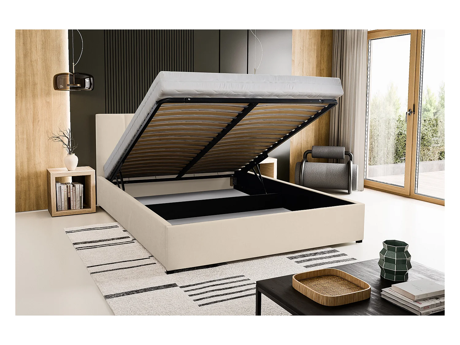 Lit rembourré LISA avec tête de lit, 160 x 200 cm, lit double avec coffre de rangement et sommier à lattes en velours, velours, couleur : beige