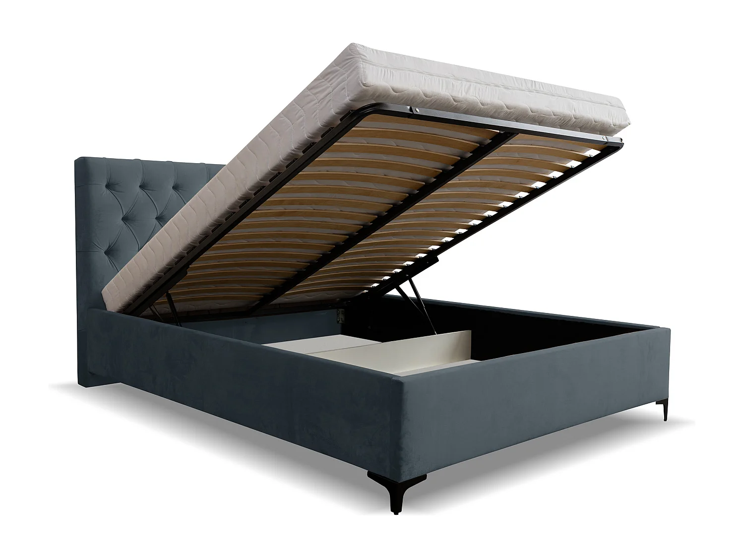 Lit rembourré Chesterfield avec tête de lit, 180 x 200 cm, lit double avec coffre de rangement et sommier à lattes en métal, tissu velours, couleur : gris foncé