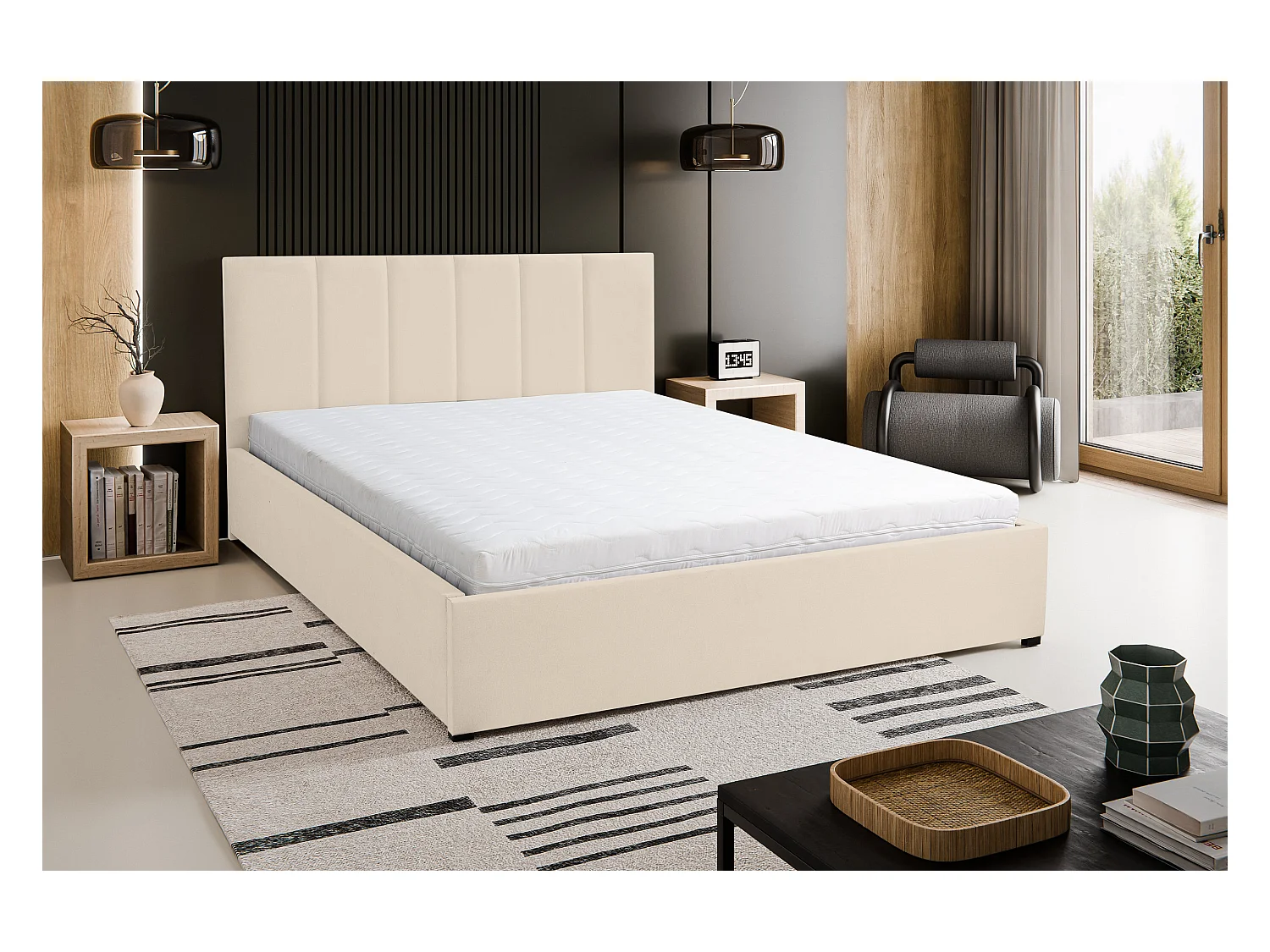 Lit rembourré LISA avec tête de lit, 180 x 200 cm, lit double avec coffre de rangement et sommier à lattes en velours, velours, couleur : beige