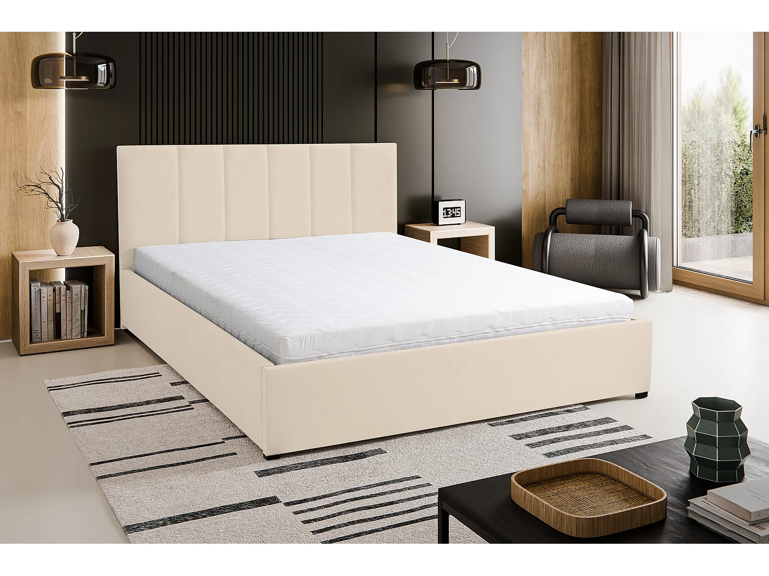 Polsterbett LISA mit Kopfteil, 180 x200 cm, Doppelbett mit Bettkasten und Lattenrost aus Velourstoff, Velourstoff, Frabe: Beige