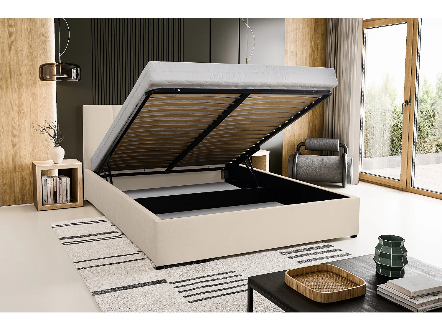 Polsterbett LISA mit Kopfteil, 180 x200 cm, Doppelbett mit Bettkasten und Lattenrost aus Velourstoff, Velourstoff, Frabe: Beige