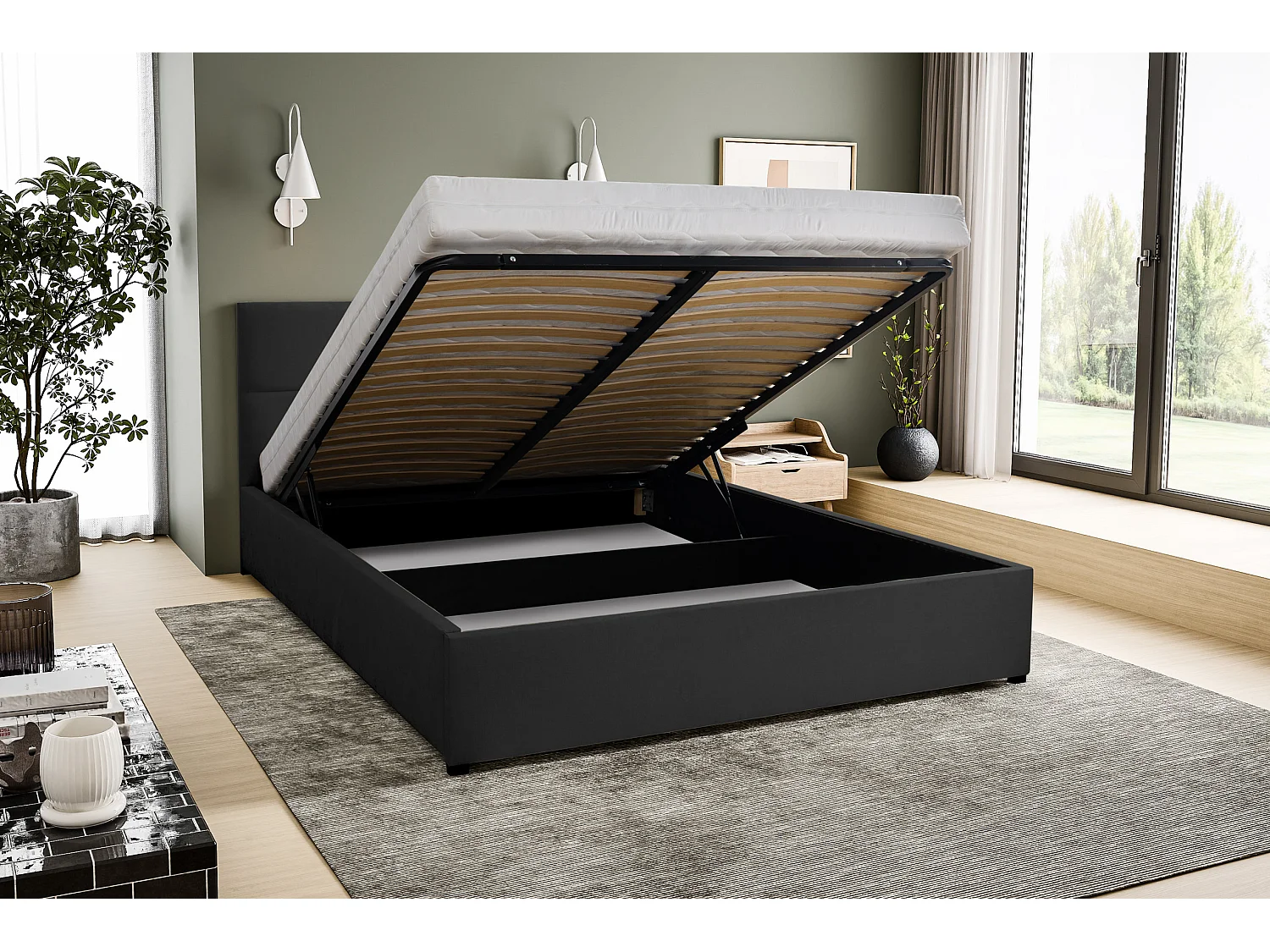 Polsterbett BETTY mit Kopfteil, 140 x200 cm, Doppelbett mit Bettkasten und Lattenrost aus Velourstoff, Velourstoff, Frabe: Schwarz