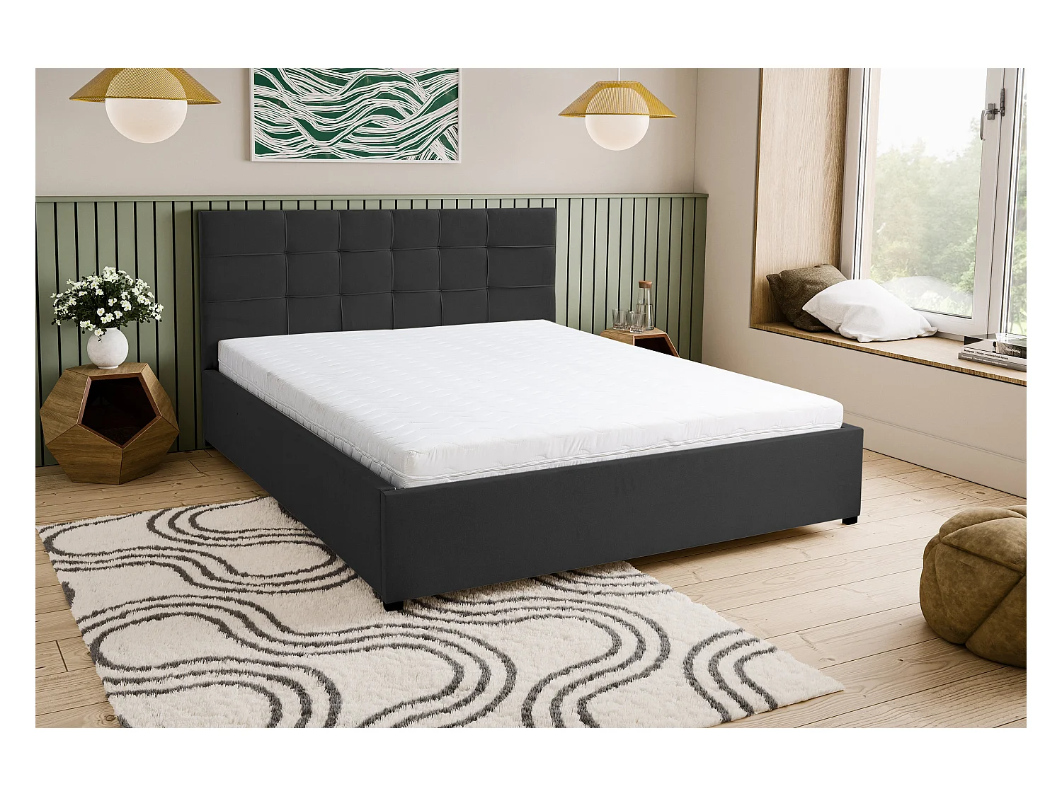 Lit rembourré JESSA avec tête de lit, 180 x 200 cm, lit double avec coffre de rangement et sommier à lattes en velours, velours, couleur : noir
