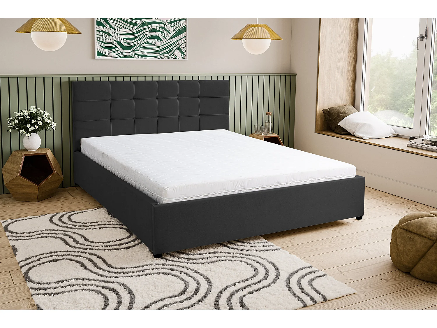 Polsterbett JESSA mit Kopfteil, 180 x200 cm, Doppelbett mit Bettkasten und Lattenrost aus Velourstoff, Velourstoff, Frabe: Schwarz