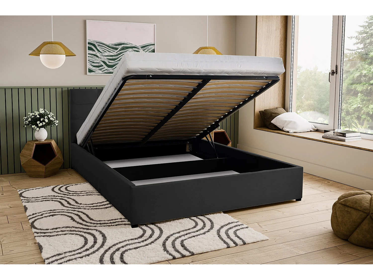 Polsterbett JESSA mit Kopfteil, 180 x200 cm, Doppelbett mit Bettkasten und Lattenrost aus Velourstoff, Velourstoff, Frabe: Schwarz