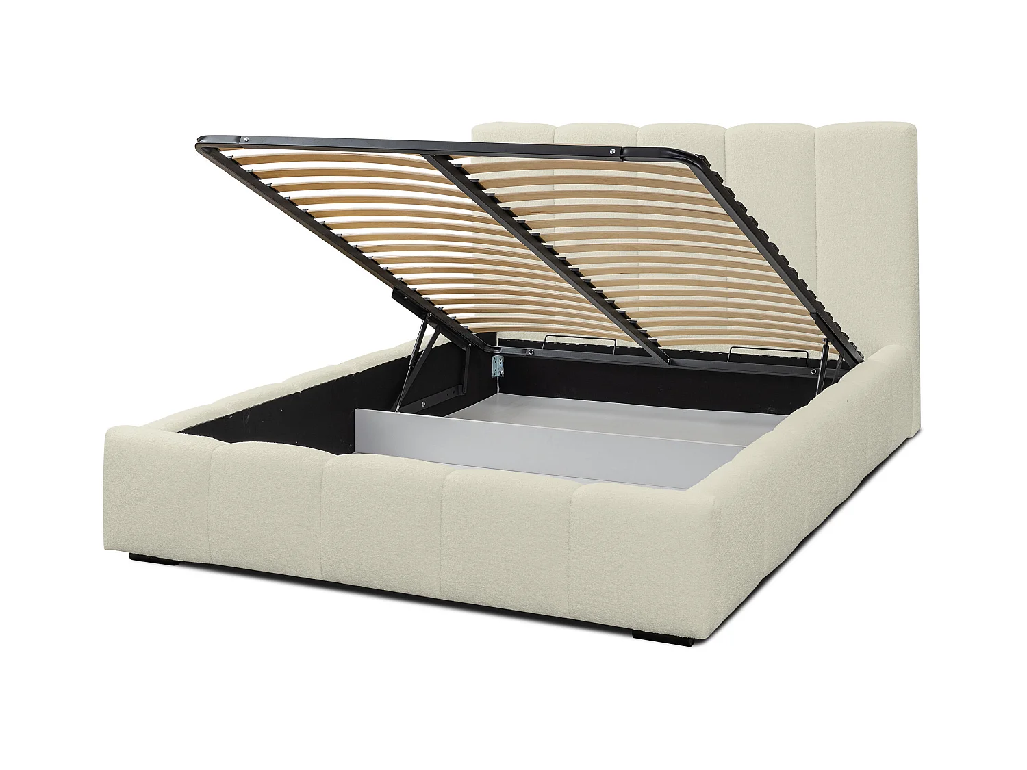 Lit rembourré Marco avec tête de lit, 160 x 200 cm, lit double avec coffre de rangement et sommier à lattes en métal, tissu bouclé, couleur : beige