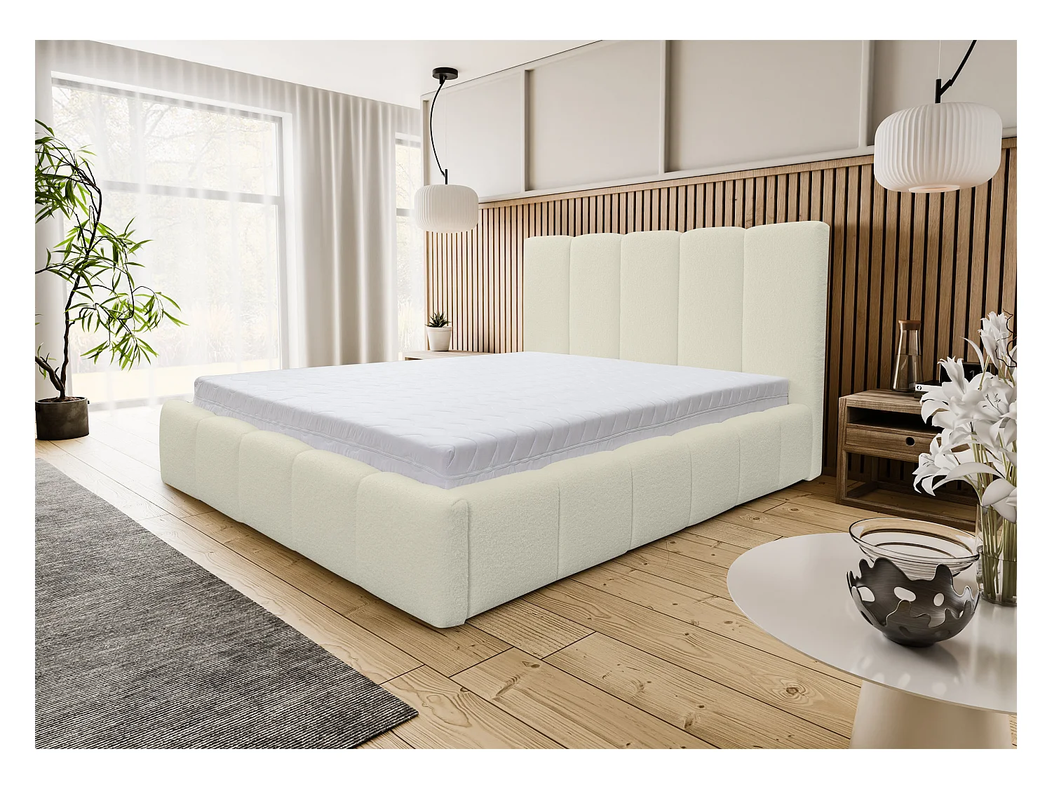 Lit rembourré Marco avec tête de lit, 160 x 200 cm, lit double avec coffre de rangement et sommier à lattes en métal, tissu bouclé, couleur : beige