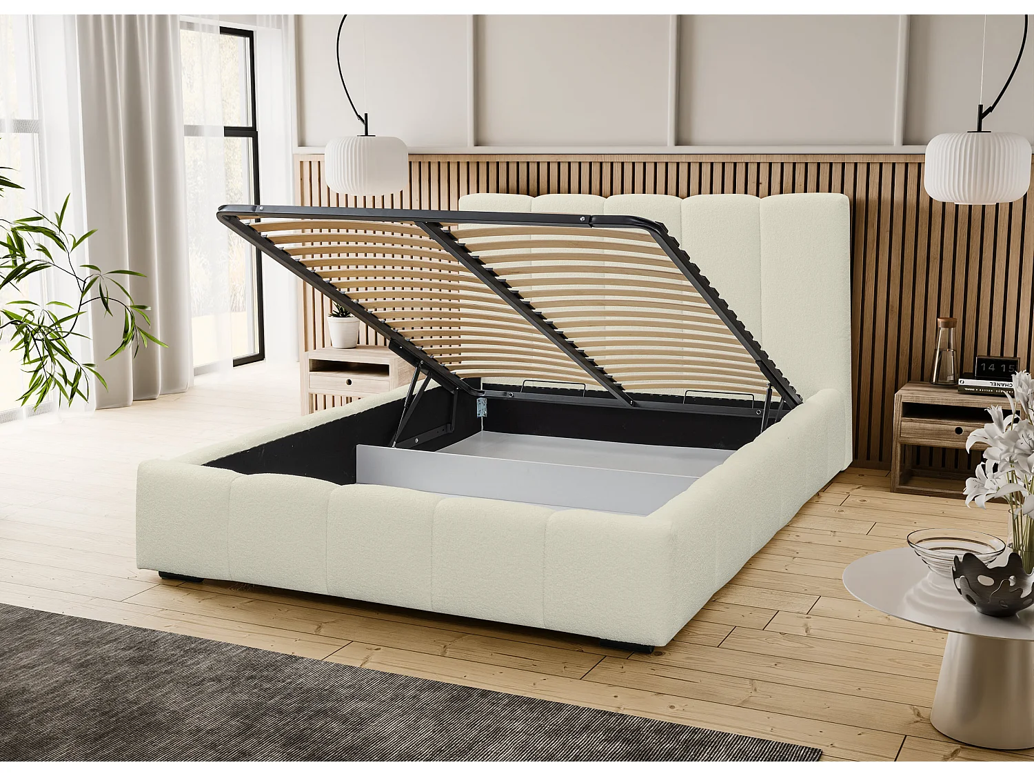 Lit rembourré Marco avec tête de lit, 160 x 200 cm, lit double avec coffre de rangement et sommier à lattes en métal, tissu bouclé, couleur : beige