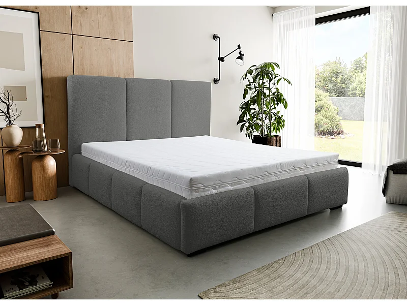 Polsterbett Basti mit Kopfteil, 160 x 200 cm, Doppelbett mit Bettkasten und Lattenrost aus Metall, Bouclé-Stoff, Frabe: Grau