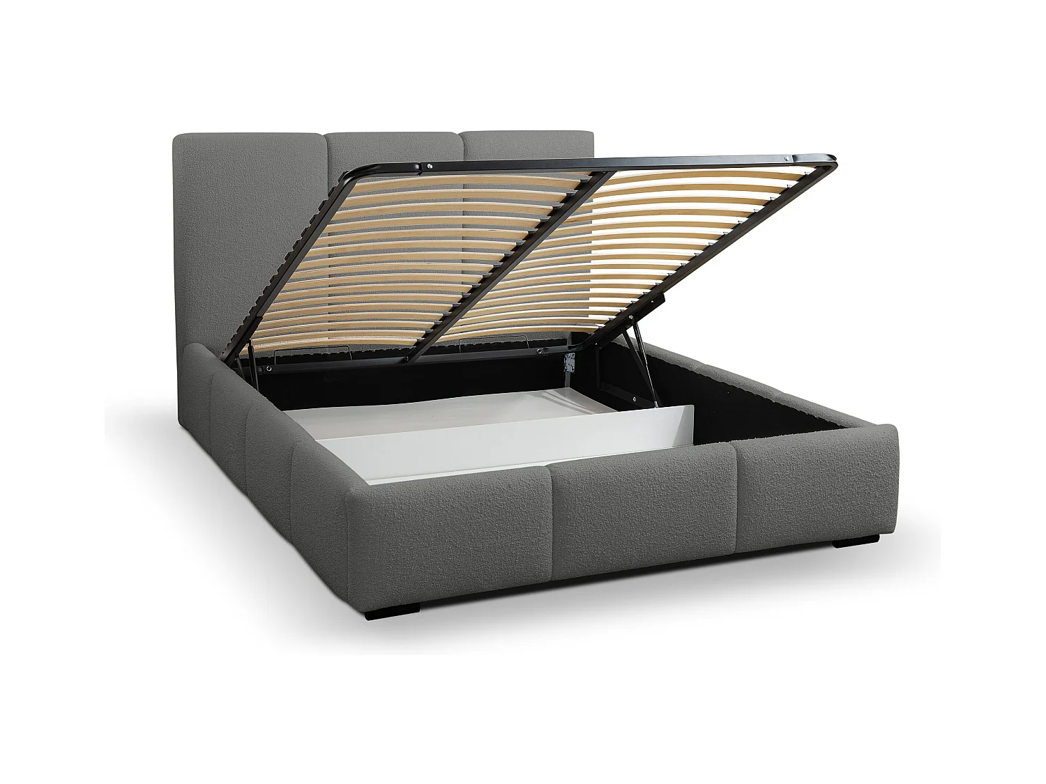 Lit rembourré Basti avec tête de lit, 160 x 200 cm, lit double avec coffre de rangement et sommier à lattes en métal, tissu bouclé, couleur : gris