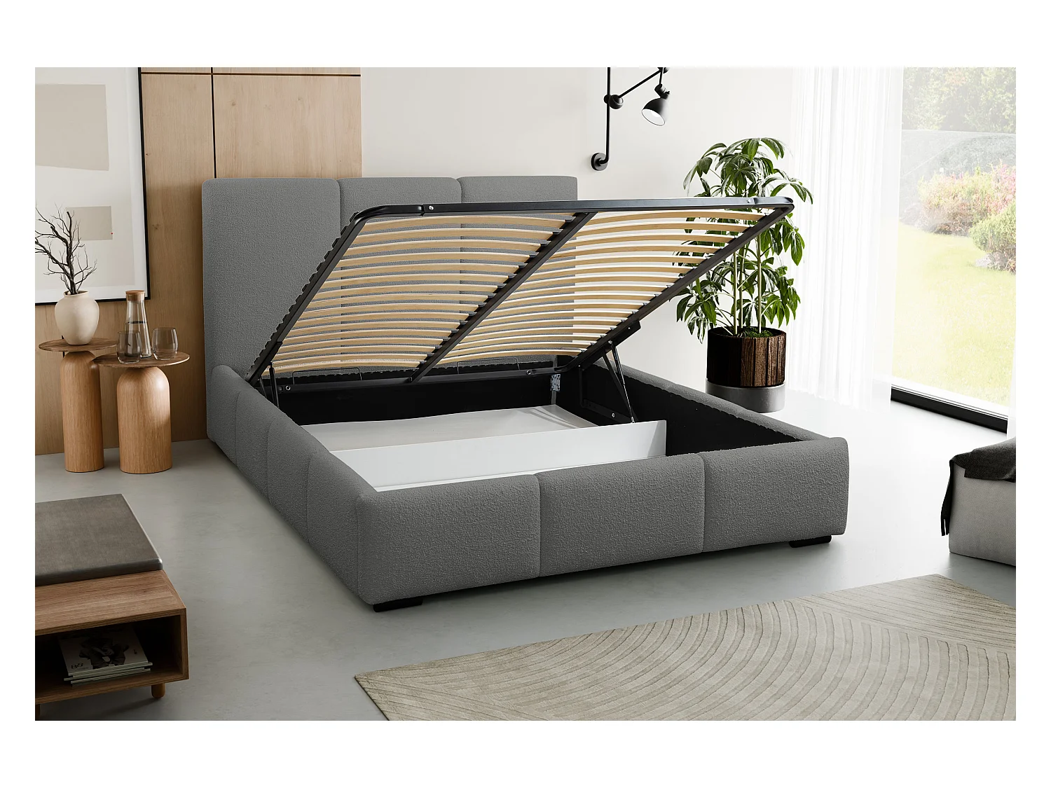 Lit rembourré Basti avec tête de lit, 160 x 200 cm, lit double avec coffre de rangement et sommier à lattes en métal, tissu bouclé, couleur : gris