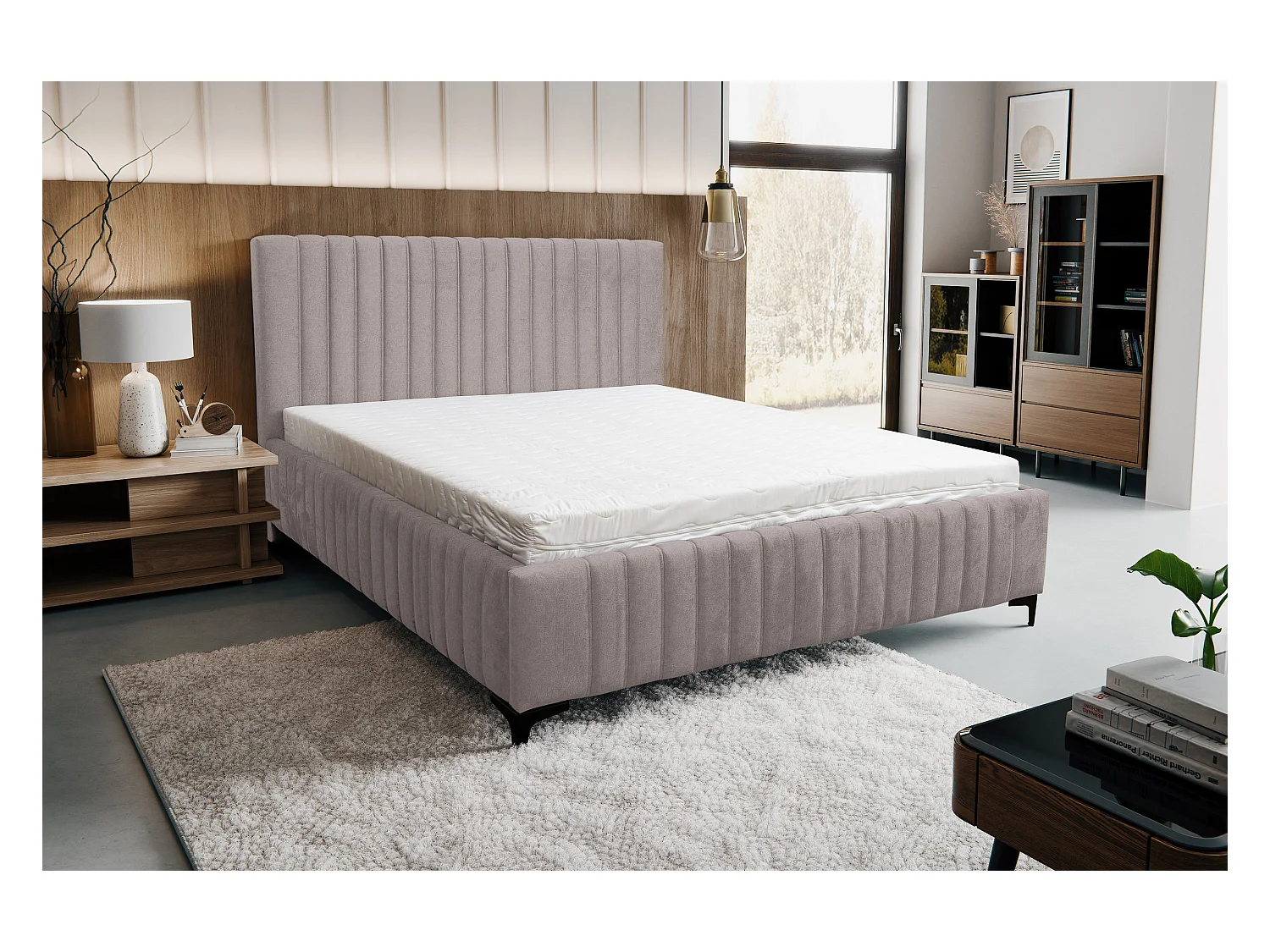 Lit rembourré Quant avec tête de lit, 180 x 200 cm, lit double avec coffre de rangement et sommier à lattes en métal, tissu velours, couleur : marron