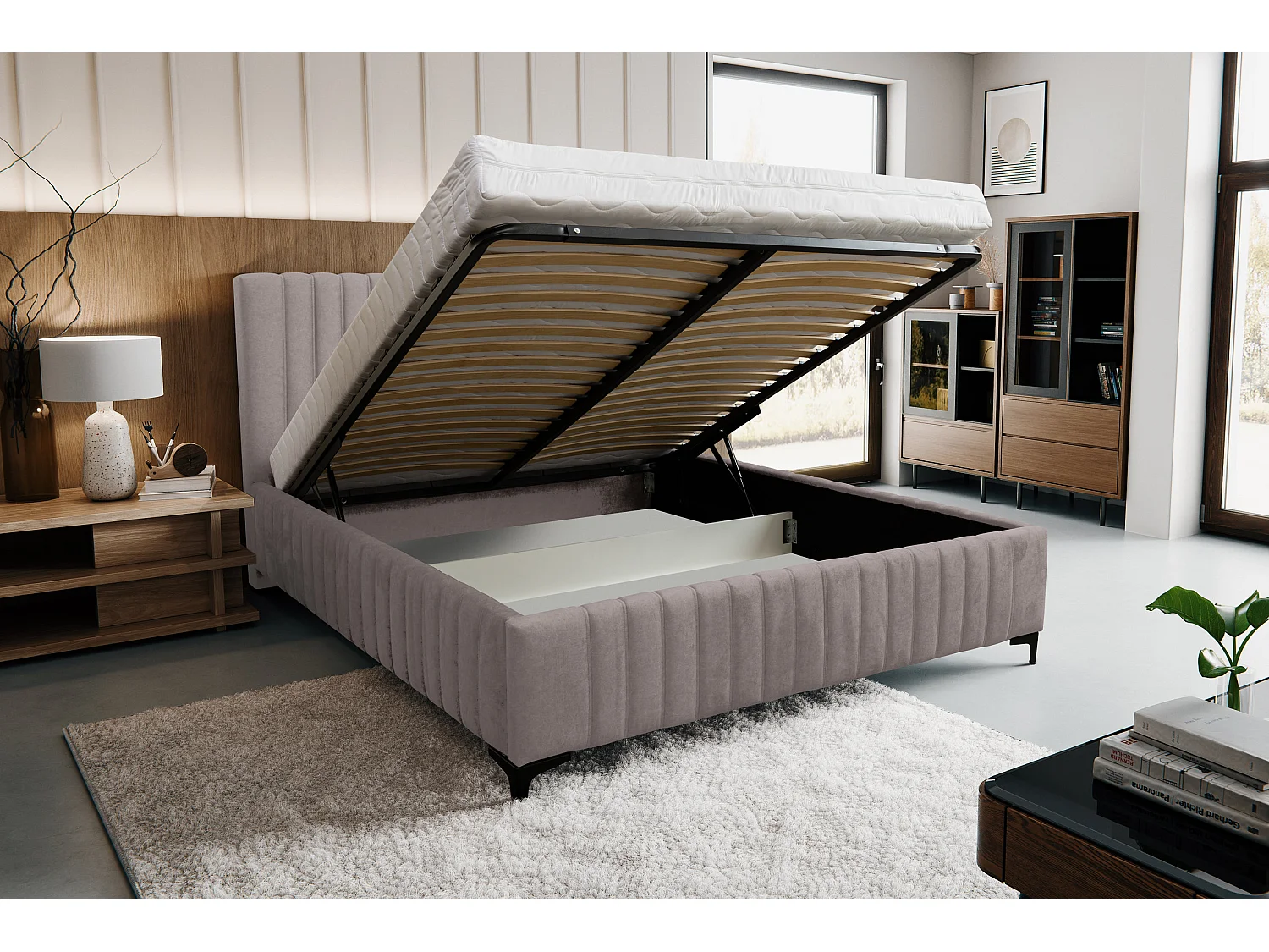 Lit rembourré Quant avec tête de lit, 180 x 200 cm, lit double avec coffre de rangement et sommier à lattes en métal, tissu velours, couleur : marron