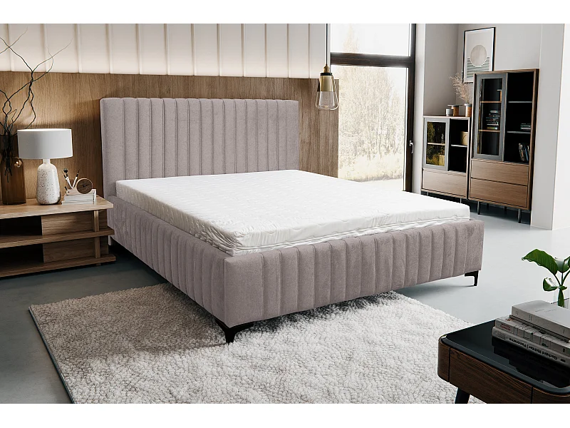 Gestoffeerd bed Quant met hoofdeinde, 180 x 200 cm, tweepersoonsbed met bedbak en lattenbodem van metaal, veloursstof, kleur: bruin