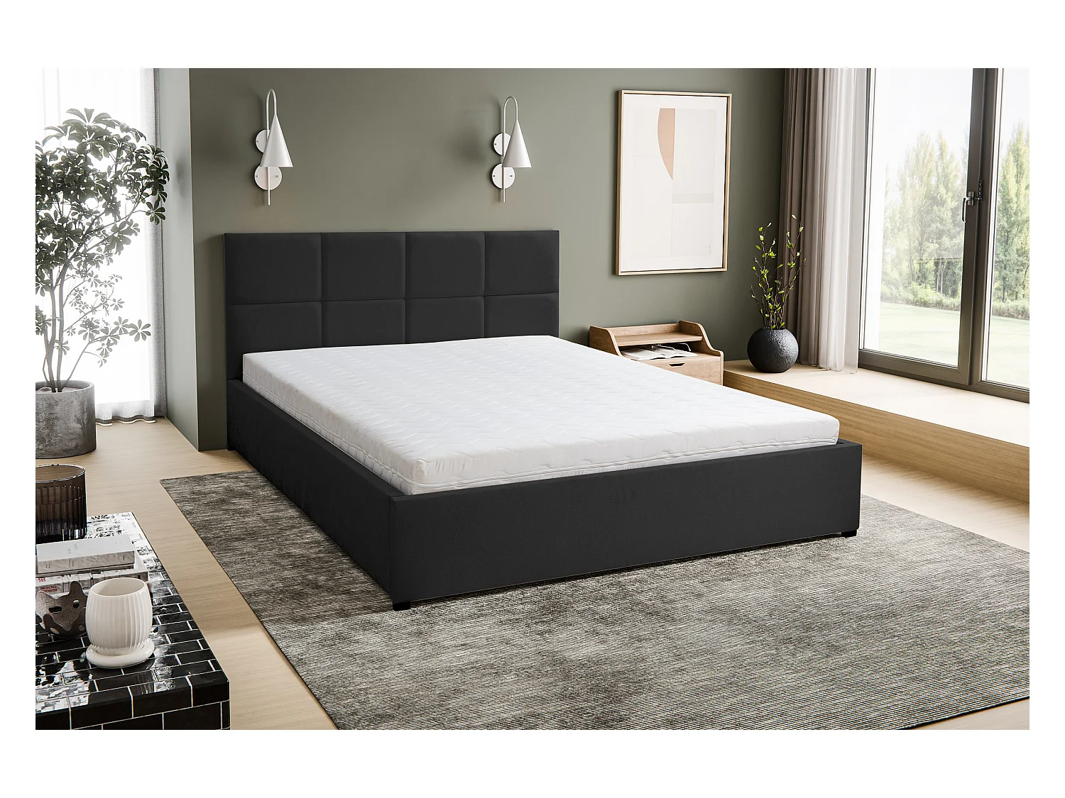 Lit rembourré BETTY avec tête de lit, 160 x 200 cm, lit double avec coffre de rangement et sommier à lattes en velours, velours, couleur : noir