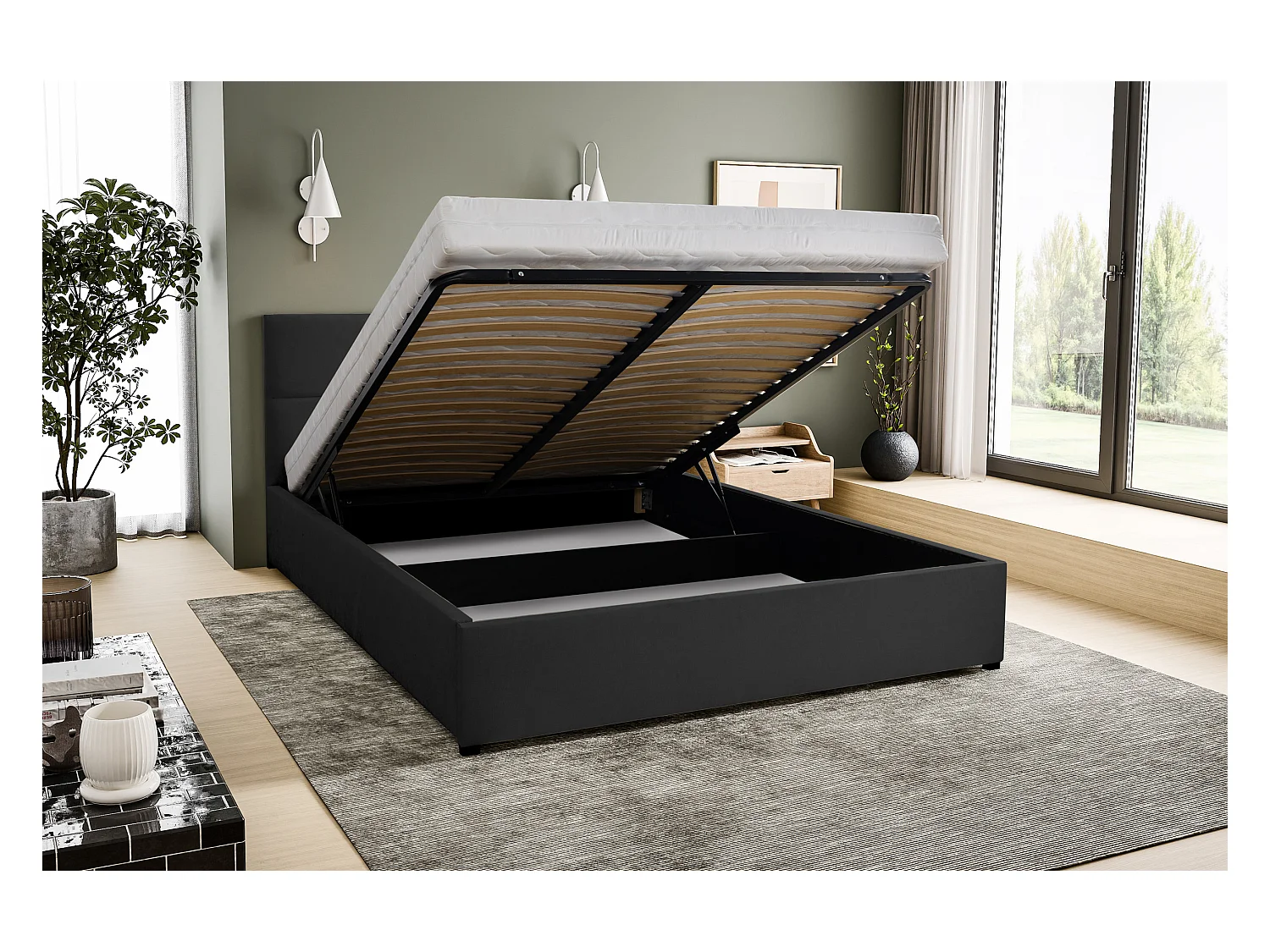 Lit rembourré BETTY avec tête de lit, 160 x 200 cm, lit double avec coffre de rangement et sommier à lattes en velours, velours, couleur : noir