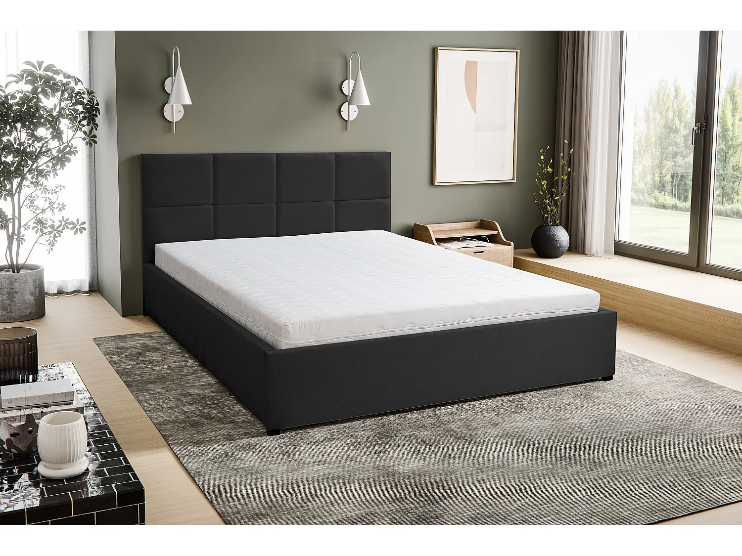 Polsterbett BETTY mit Kopfteil, 160 x200 cm, Doppelbett mit Bettkasten und Lattenrost aus Velourstoff, Velourstoff, Frabe: Schwarz