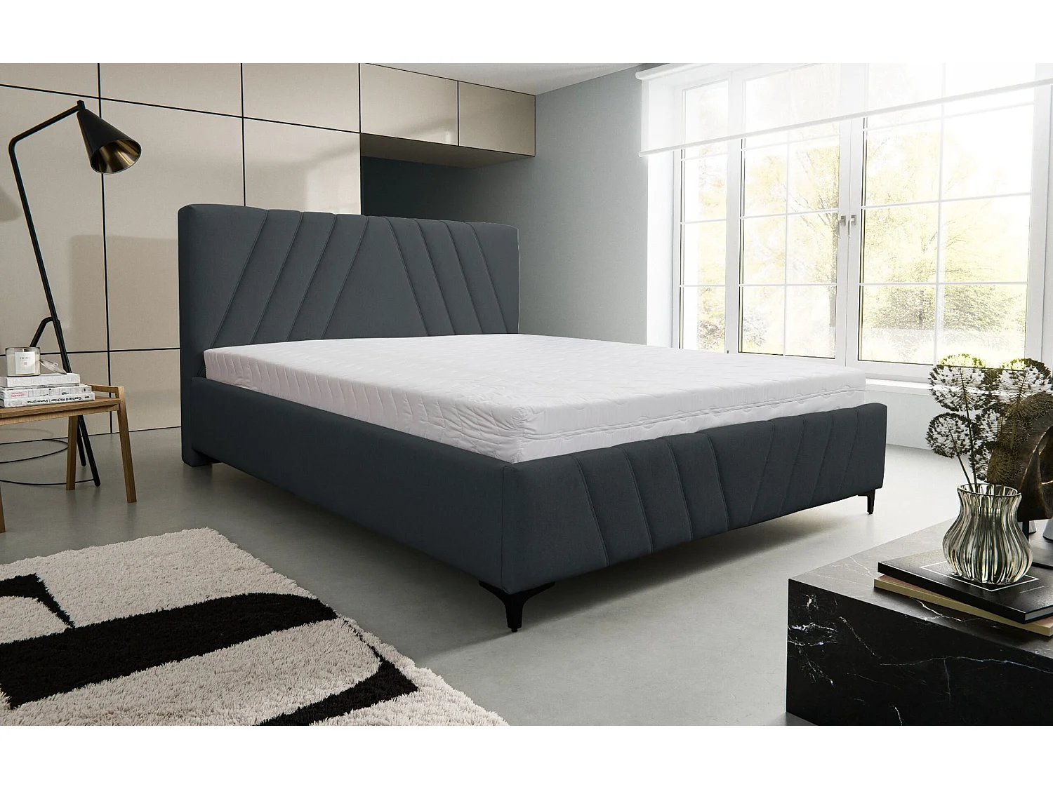 Lit rembourré Capri  avec tête de lit, 140 x 200 cm, lit double avec coffre de rangement et sommier à lattes en métal, tissu velours, couleur : noir