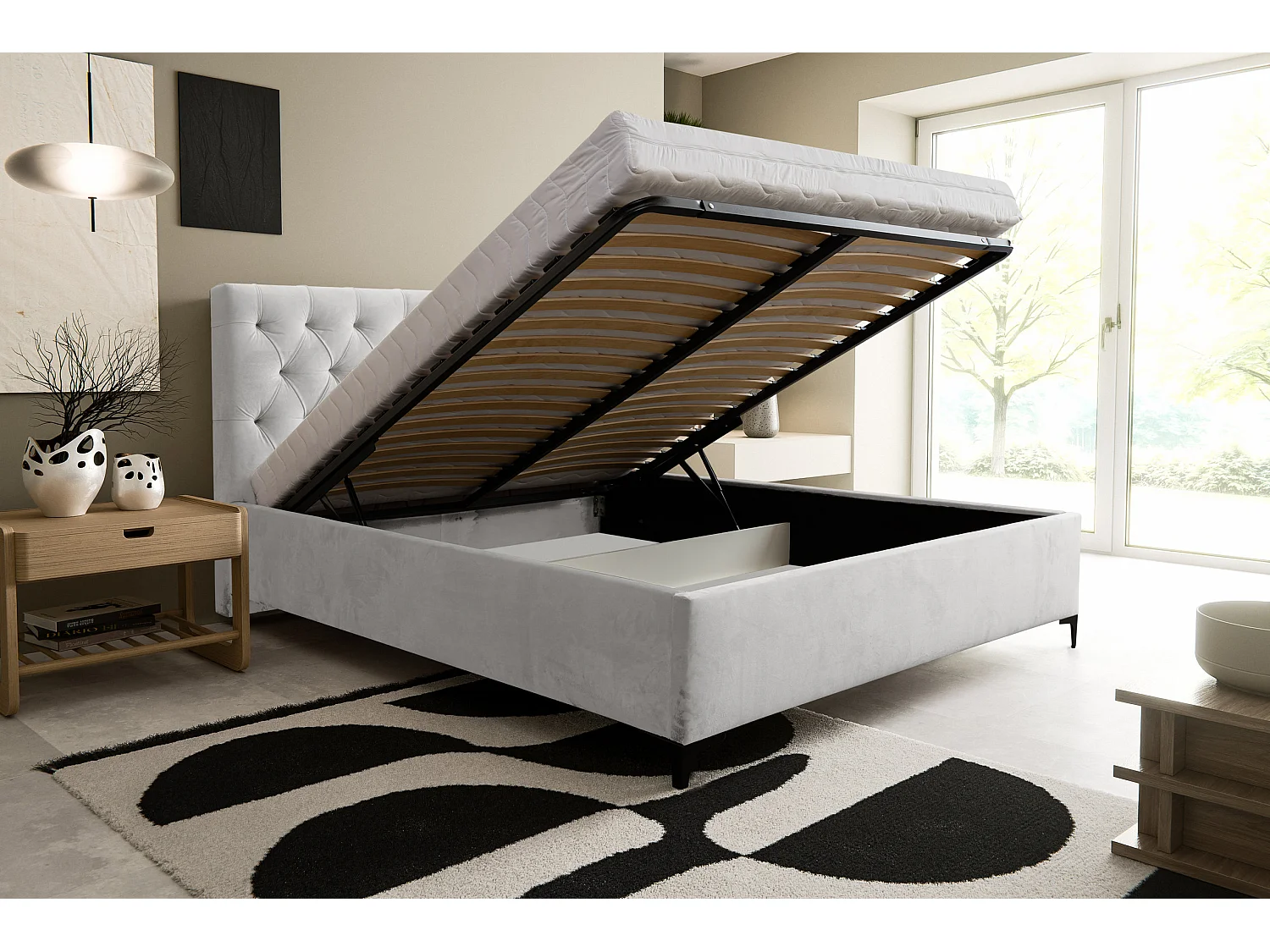 Lit rembourré Chesterfield avec tête de lit, 160 x 200 cm, lit double avec coffre de rangement et sommier à lattes en métal, tissu velours, couleur : gris clair